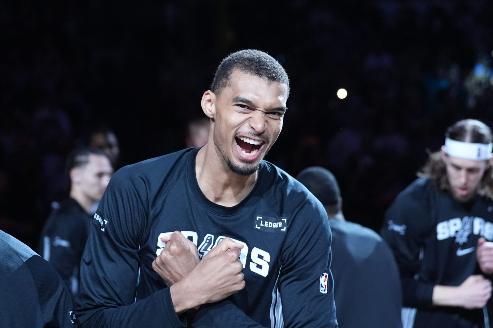 San Antonio Spurs forward Victor Wembanyama (1) is introduced before the game against then Chicago Bulls at Frost Bank Center.
