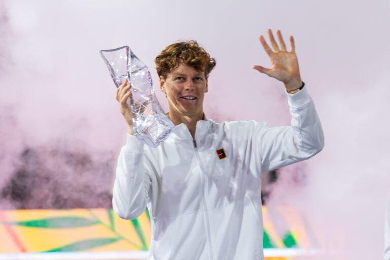 Jannik Sinner of Italy poses with the Butch Buchholz Championship Trophy after defeating Jiri Lehecka of the Czech Republic in the final of the men’s singles at the Miami Open at the Hard Rock Stadium.