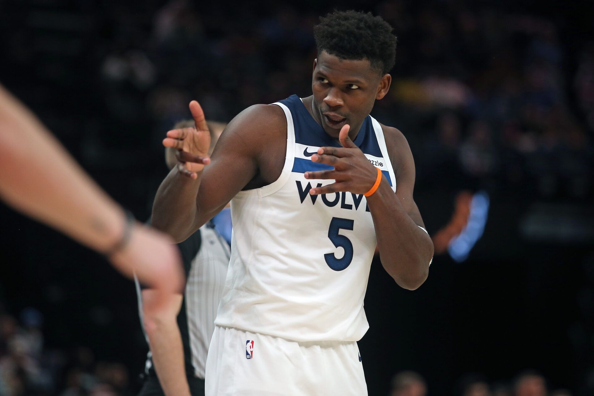 Minnesota Timberwolves guard Anthony Edwards (5) reacts during the fourth quarter against the Memphis Grizzlies at FedExForum.