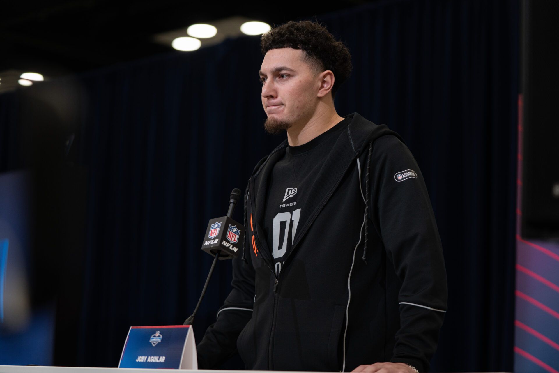 Tennessee quarterback Joey Aguilar (QB01) speaks to members of the media during the NFL Combine at the Indiana Convention Center.