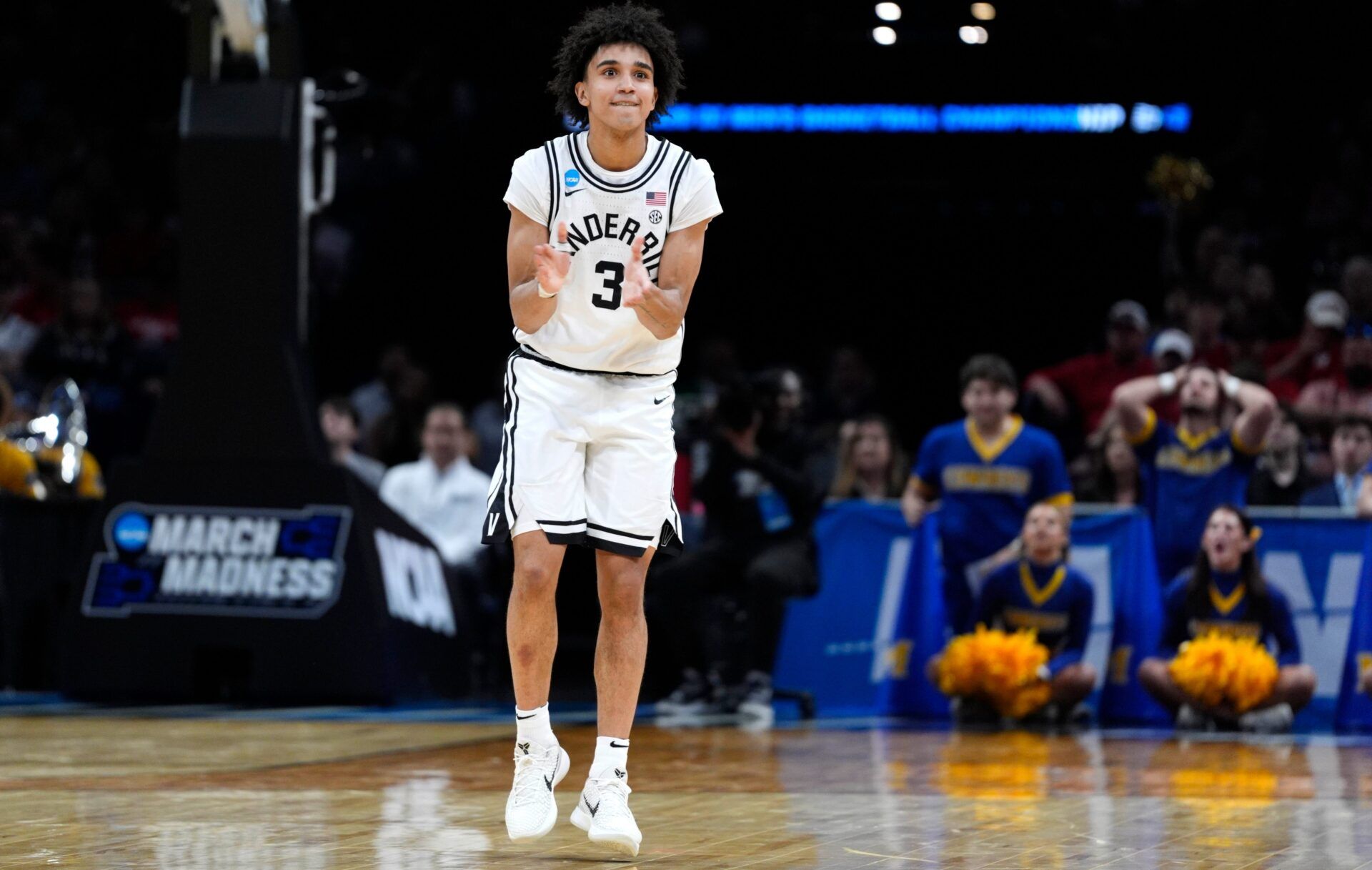 Vanderbilt Commodores guard Tyler Tanner (3) celebrates during a first-round game in the NCAA men's basketball tournament between McNeese and Vanderbilt at Paycom Center in Oklahoma City, Thursday, March 19, 2026.