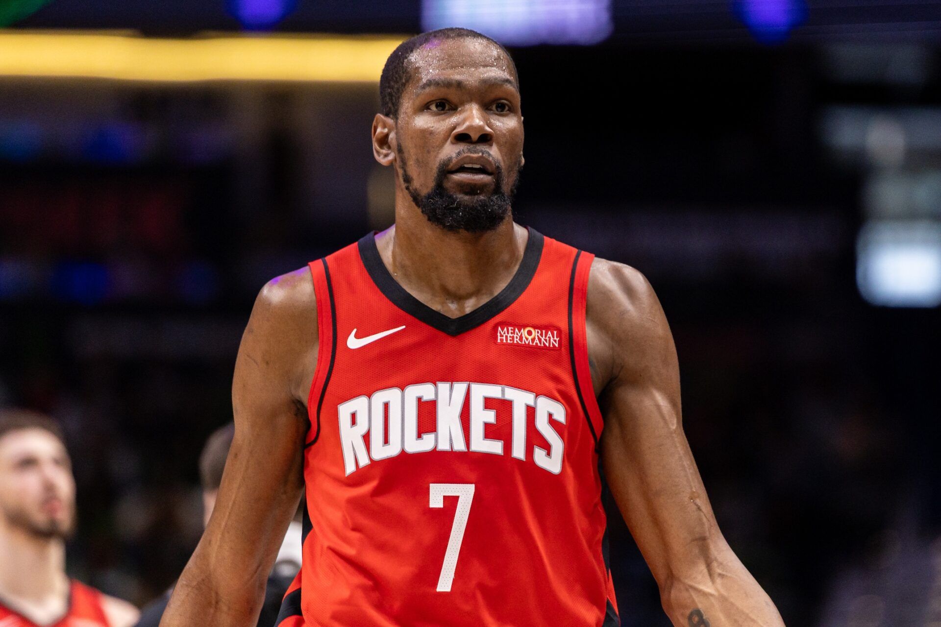 Houston Rockets forward Kevin Durant (7) looks on against the New Orleans Pelicans during the first half at Smoothie King Center.