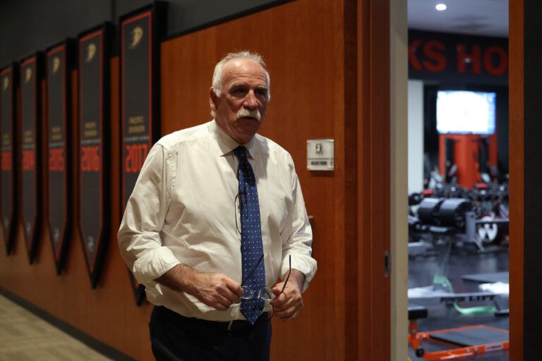 Anaheim Ducks head coach Joel Quenneville  at Honda Center.