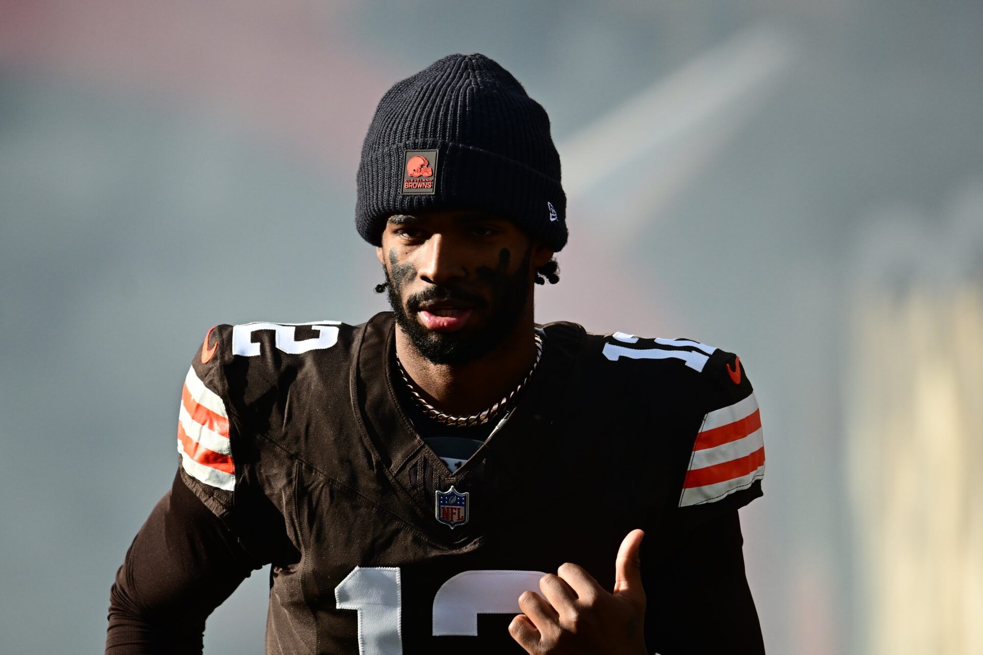 Cleveland Browns quarterback Shedeur Sanders (12) is introduced prior to a game against the Buffalo Bills at Huntington Bank Field.