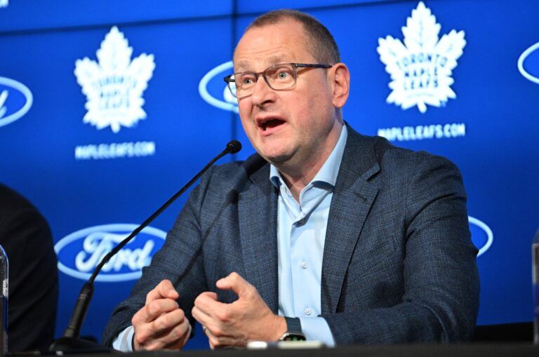 Toronto Maple Leafs general manager Brad Treliving speaks during a media conference to introduce new head coach Craig Berube (not shown)  at Ford Performance Centre.