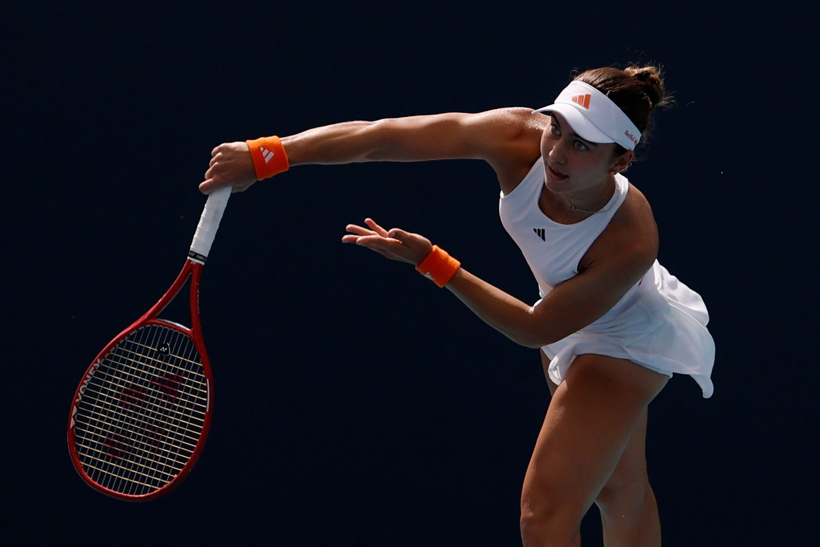Iva Jovic (USA) serves against Paula Badosa (ESP) (not pictured) on day five of the 2026 Miami Open at Hard Rock Stadium.