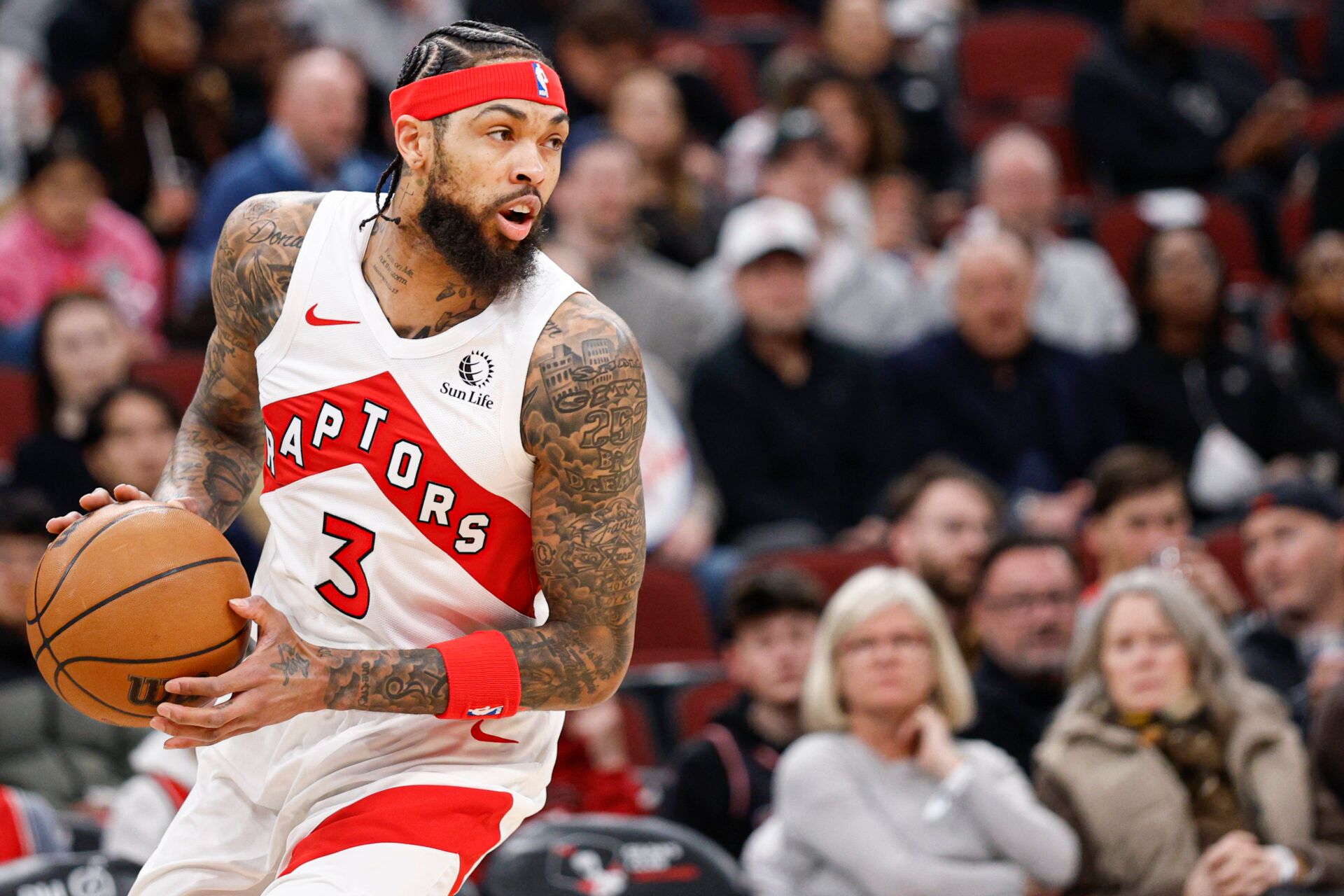 Toronto Raptors forward Brandon Ingram (3) looks to pass the ball against the Chicago Bulls during the first half at United Center.