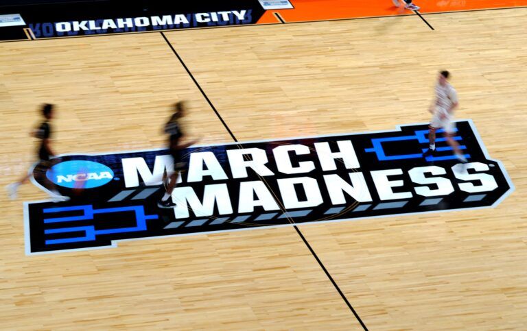 The March Madness logo is pictured during a second-round game in the NCAA men's basketball tournament between Nebraska Cornhuskers and Vanderbilt Commodores at Paycom Center in Oklahoma City, Saturday March 21, 2026.