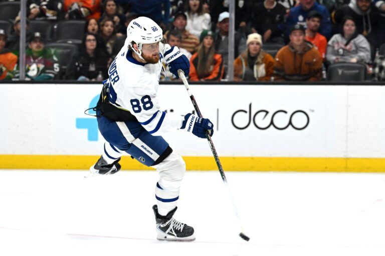 Toronto Maple Leafs right wing William Nylander (88) shoots the puck against the Anaheim Ducks during the third period at Honda Center.