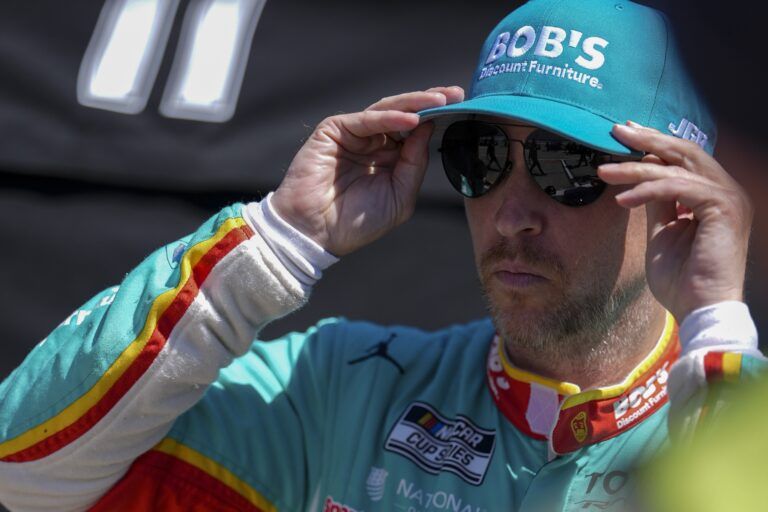 Joe Gibbs Racing driver Denny Hamlin (11) after taking the pole during qualifying at Martinsville Speedway.