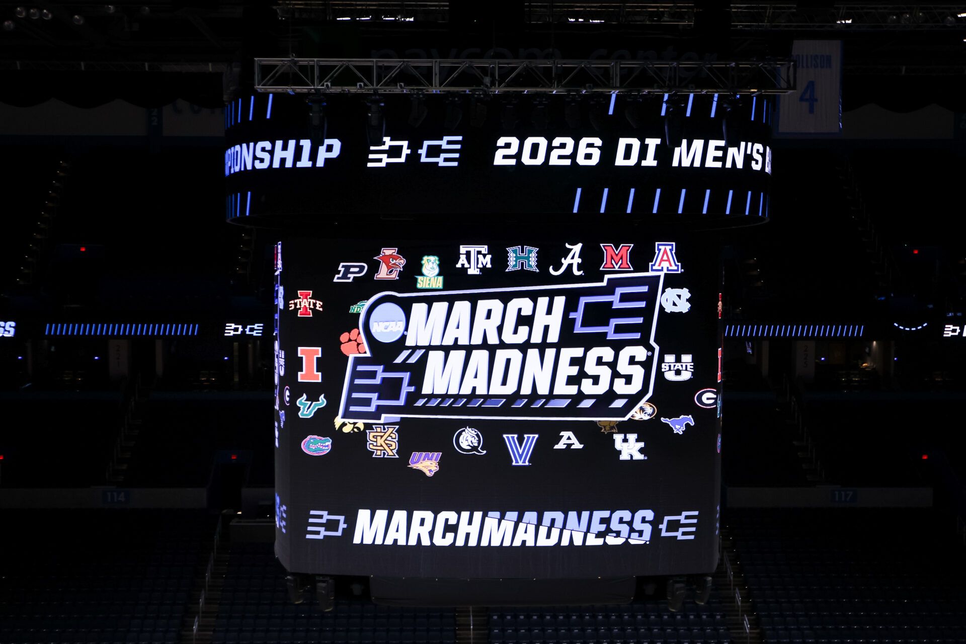 The March Madness logo is seen prior to game between the Texas A&M Aggies and Houston Cougars in the second round of the men's 2026 NCAA Tournament at Paycom Center.