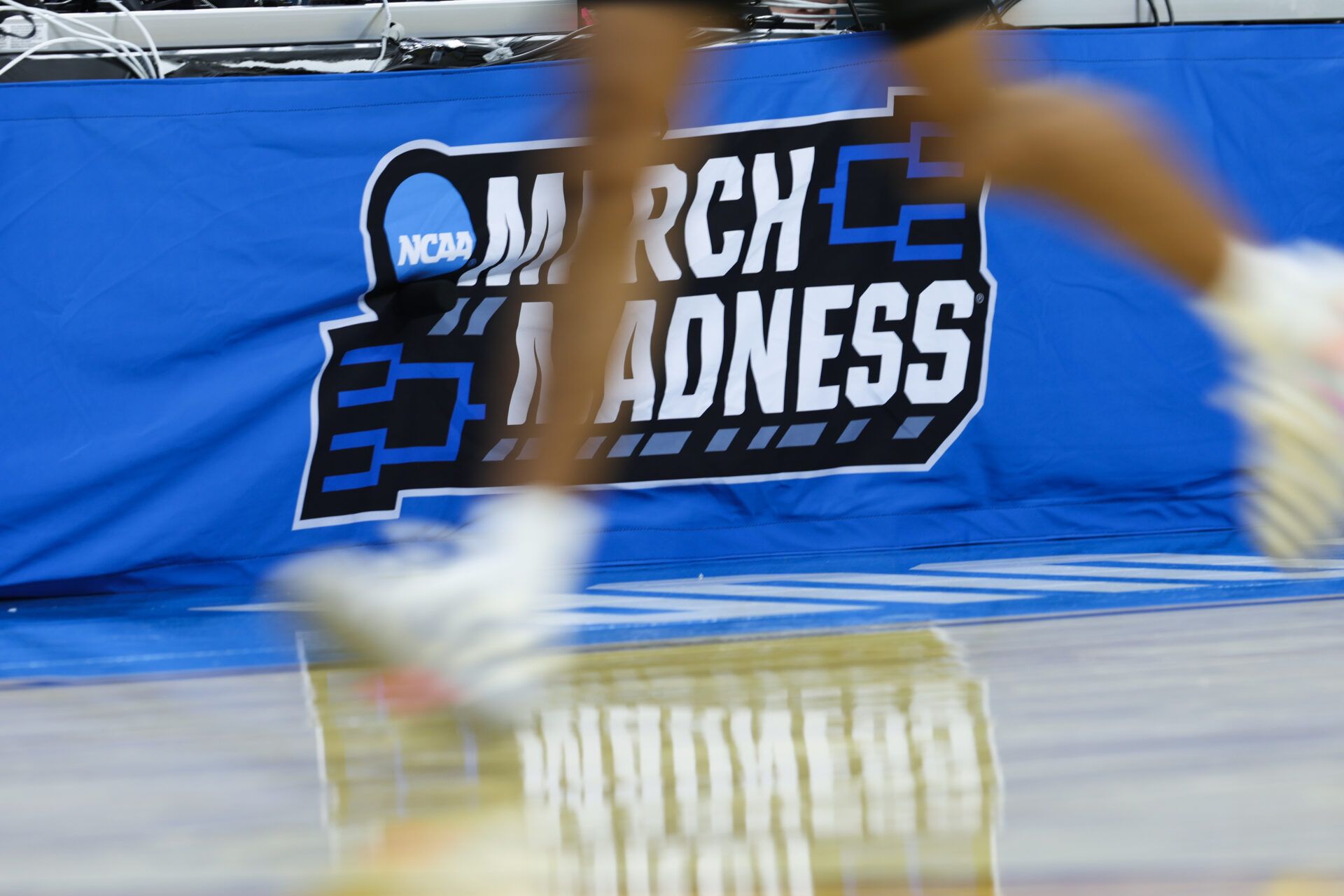 A view of the March Madness logo during the game between the Virginia Cavaliers and the Wright State Raiders during a first round game of the men's 2026 NCAA Tournament at Xfinity Mobile Arena.
