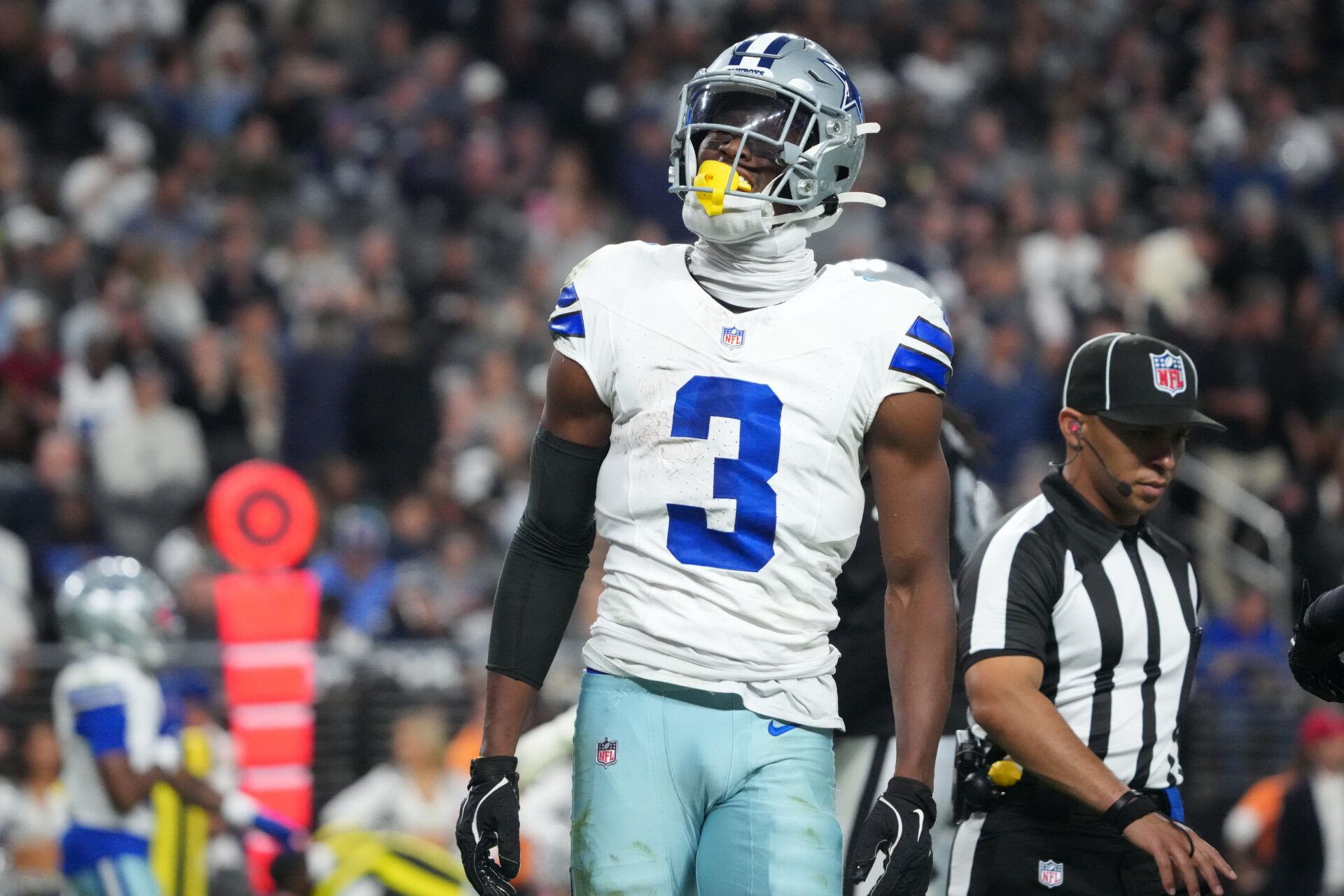 Dallas Cowboys wide receiver George Pickens (3) reacts after making a catch against the Las Vegas Raiders during the second half at Allegiant Stadium.