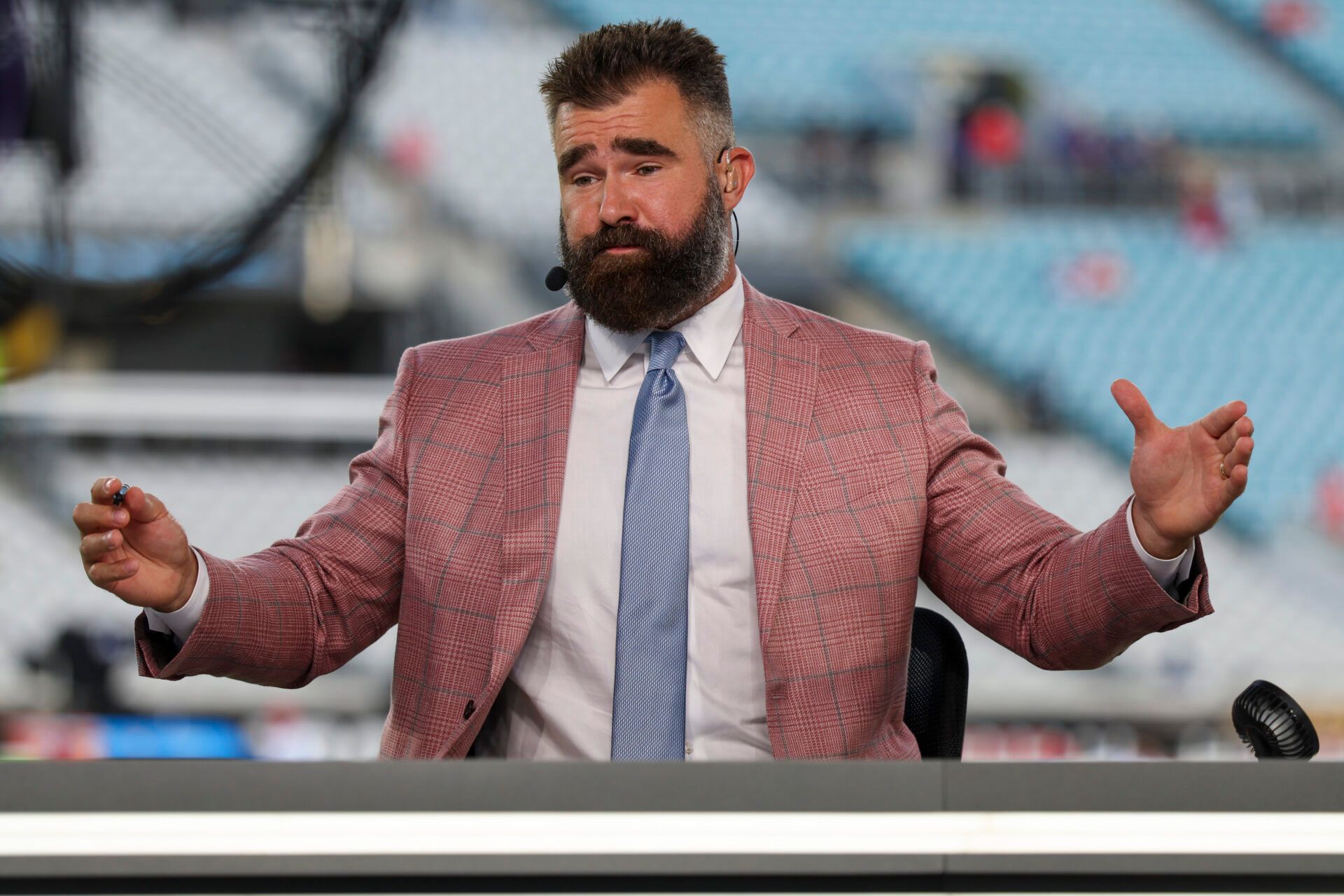 ESPN Monday Night Football Countdown analyst Jason Kelce broadcast before a game against between the Jacksonville Jaguars and the Kansas City Chiefs at EverBank Stadium.