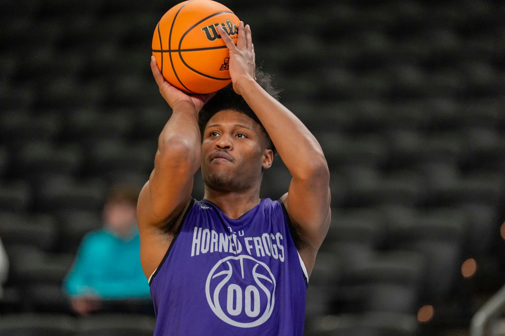 Texas Christian University Horned Frogs forward Jace Posey (00) shoots the ball during a practice session ahead of the first round of the men's 2026 NCAA Tournament at Bon Secours Wellness Arena.