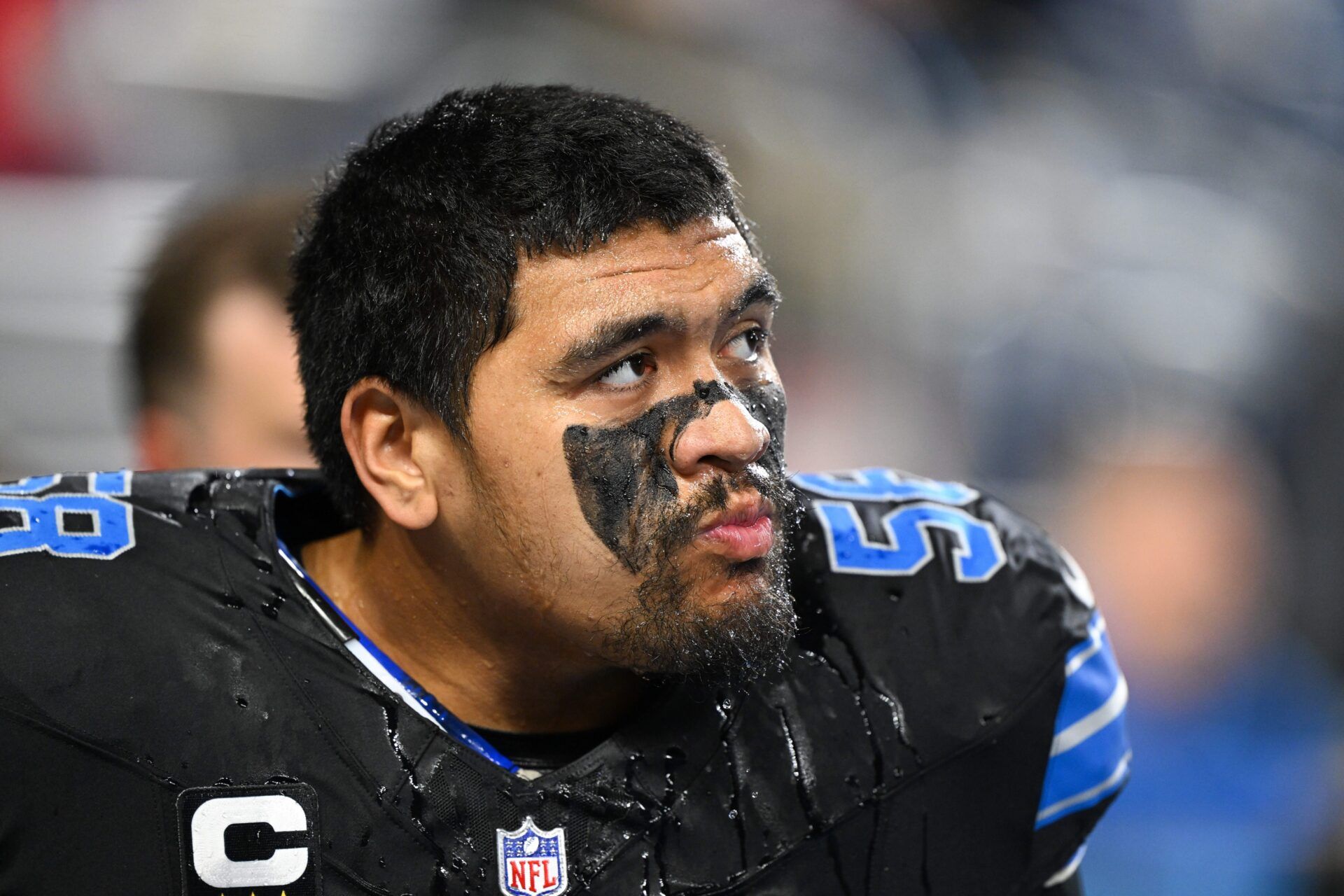 Detroit Lions tackle Penei Sewell (58) looks on during warm ups prior to the game against the New York Giants at Ford Field.