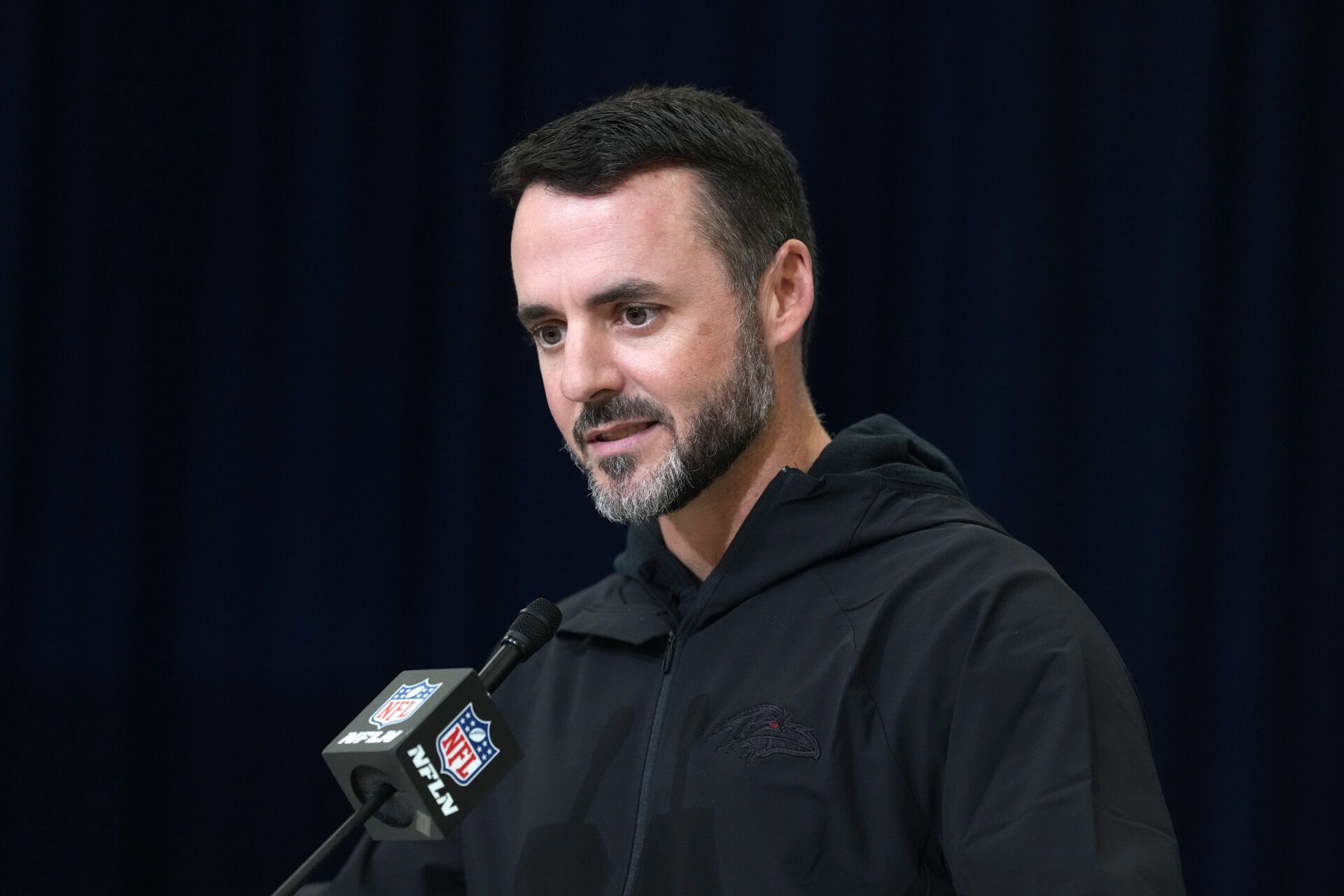 Baltimore Ravens coach Jesse Minter speaks at the NFL Scouting Combine at the Indiana Convention Center.