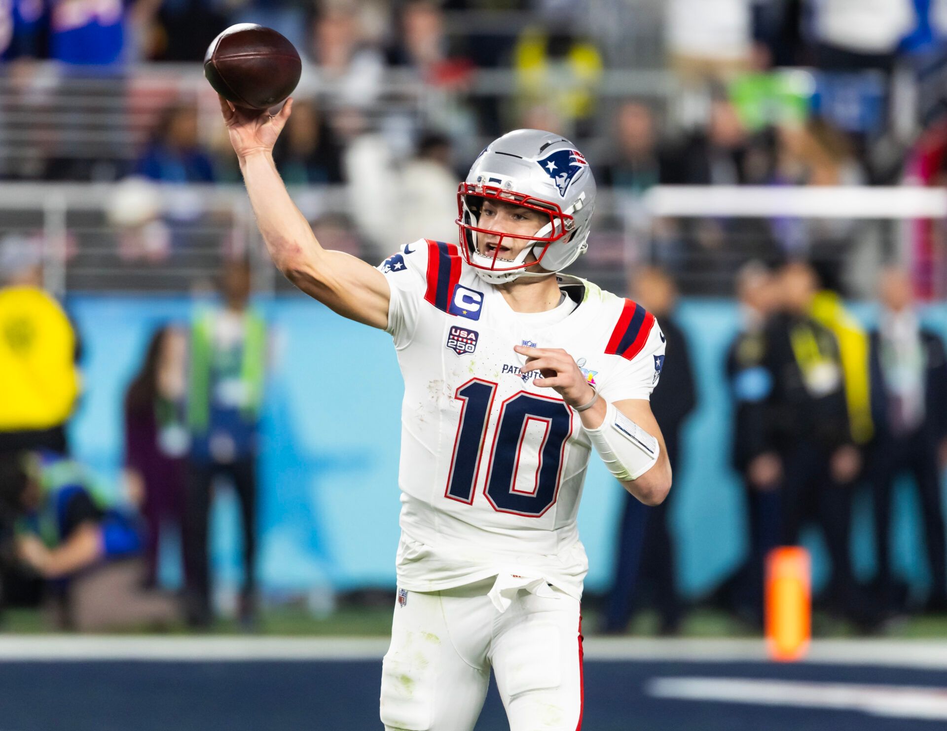 New England Patriots quarterback Drake Maye (10) against the Seattle Seahawks during Super Bowl LX at Levi's Stadium.