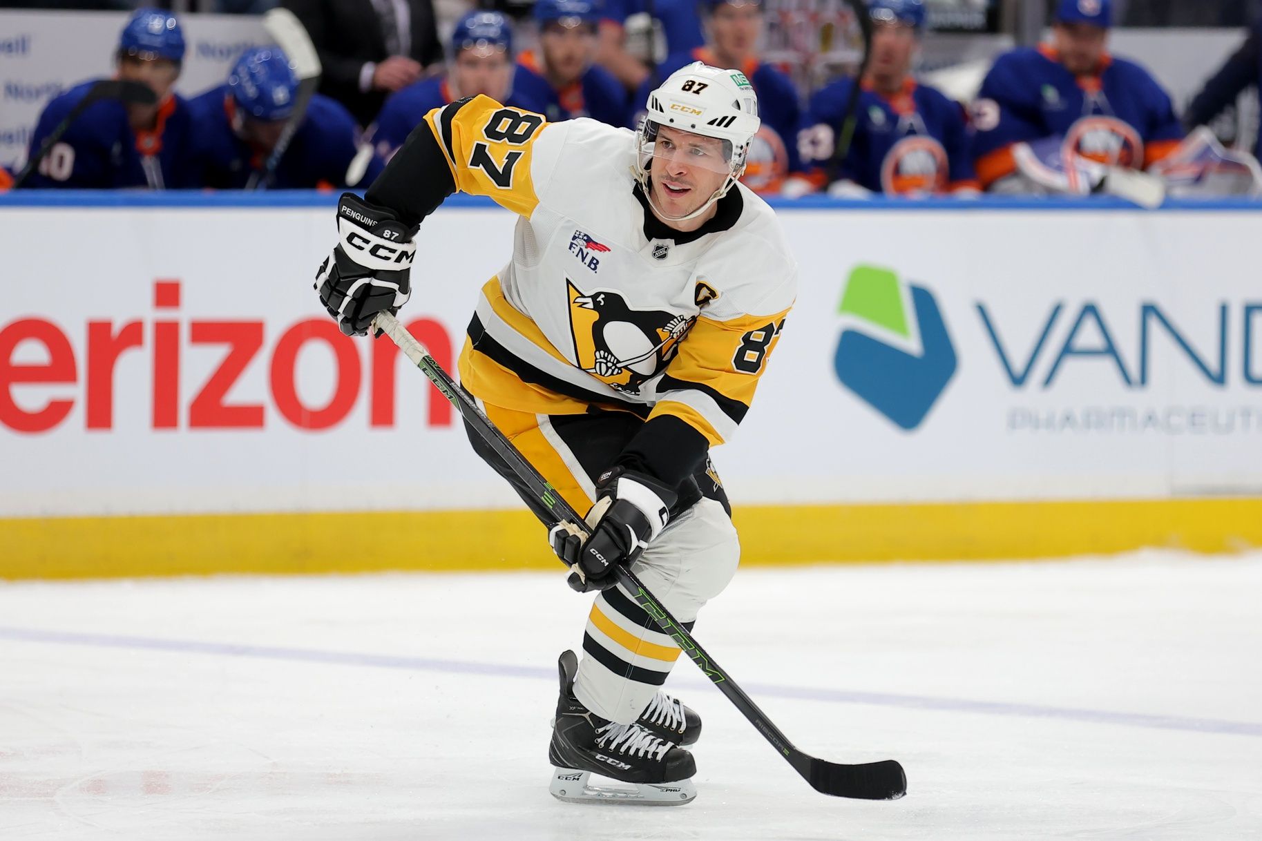 Pittsburgh Penguins center Sidney Crosby (87) skates against the New York Islanders during the first period at UBS Arena.