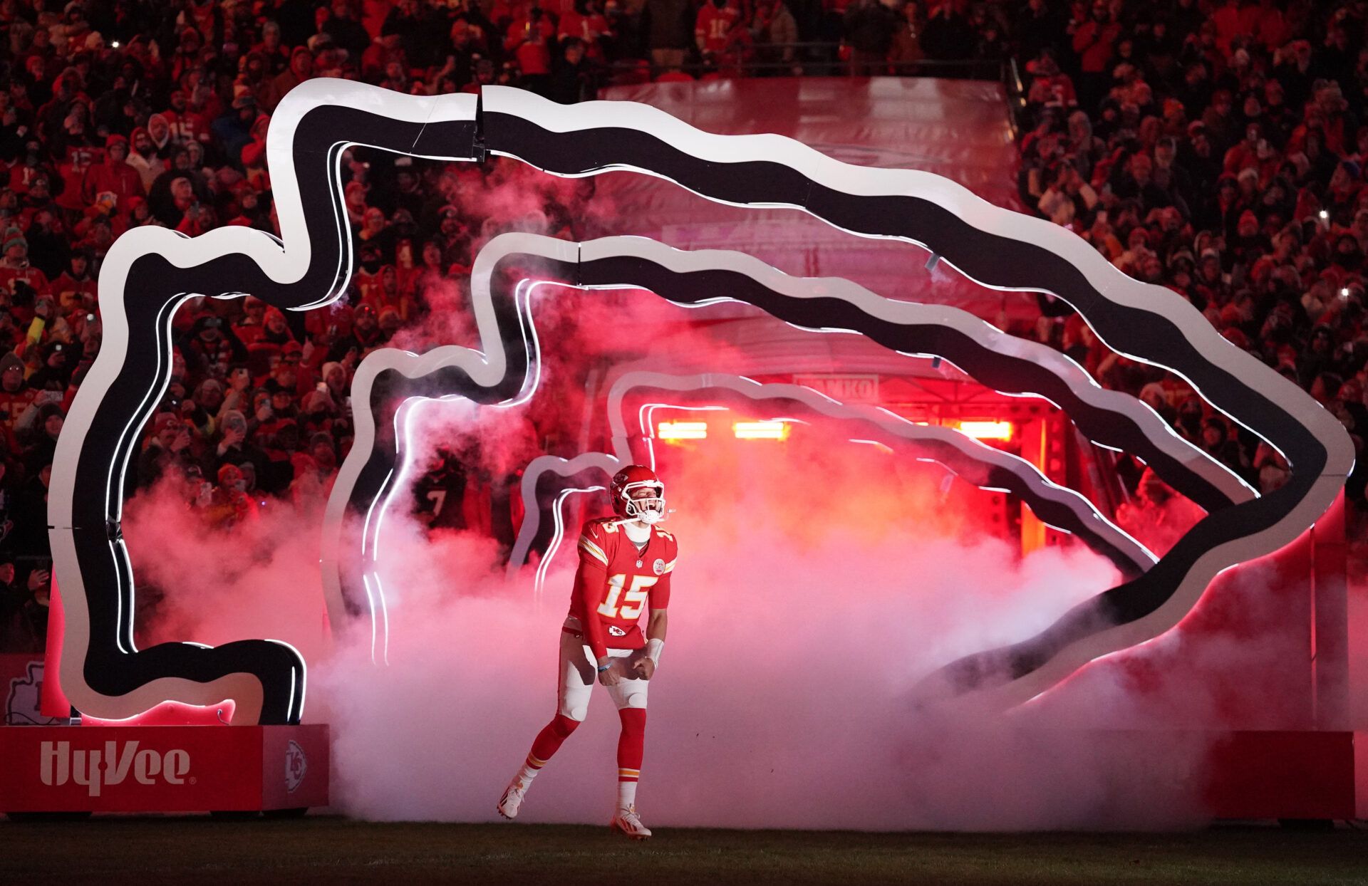 Kansas City Chiefs quarterback Patrick Mahomes (15) is introduced prior to the game against the Houston Texans at GEHA Field at Arrowhead Stadium.