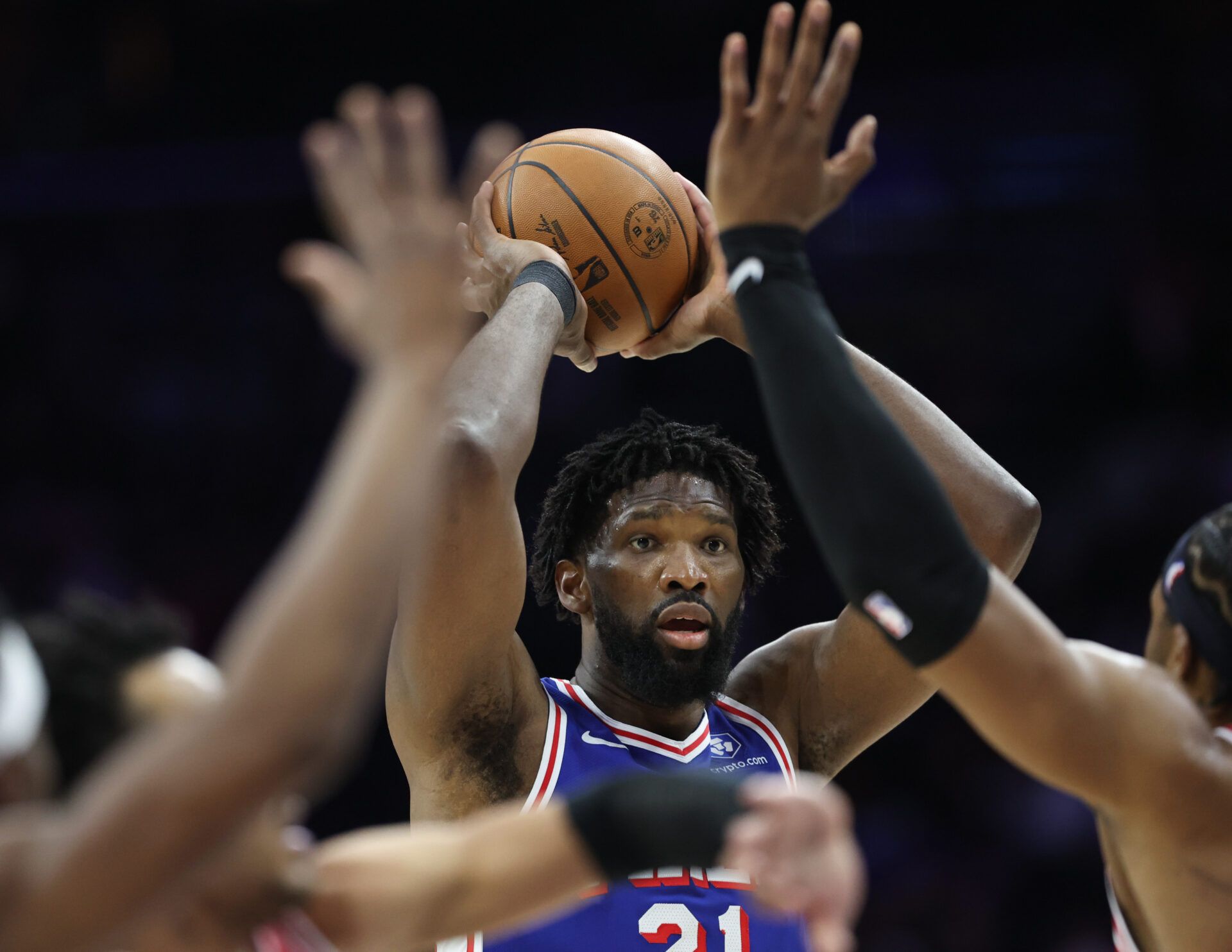 Philadelphia 76ers center Joel Embiid (21) controls the ball against the Chicago Bulls during the second quarter at Xfinity Mobile Arena.
