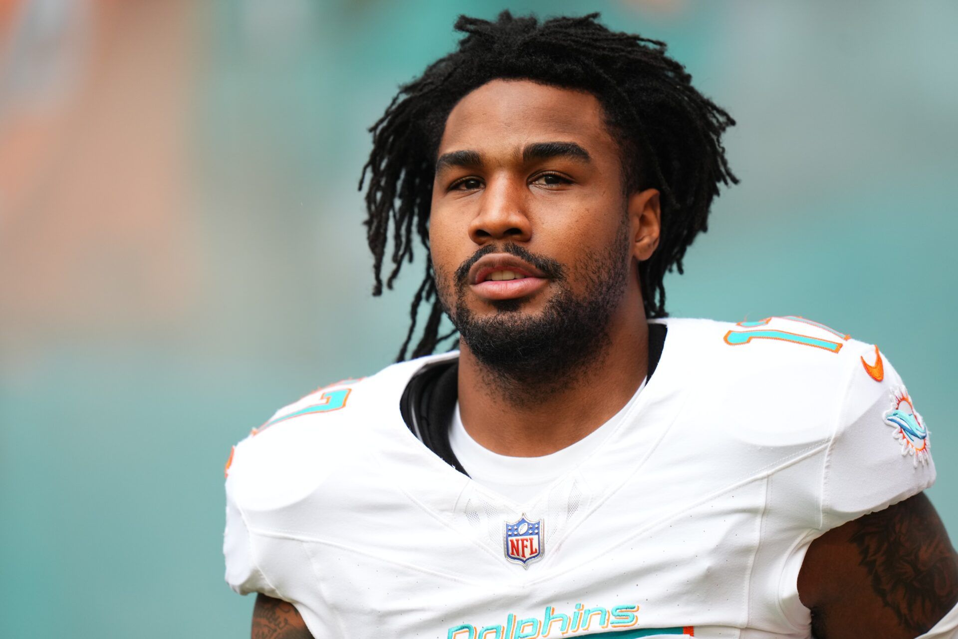 Miami Dolphins wide receiver Jaylen Waddle (17) takes the field prior to a game against the New Orleans Saints at Hard Rock Stadium.