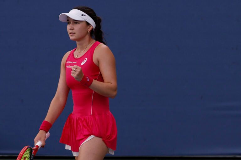 Eva Lys (GER) reacts after winning a point against Francesca Jones (GBR) (not pictured) on day three of the 2025 US Open tennis tournament at Billie Jean King USTA National Tennis Center.