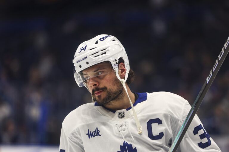 Toronto Maple Leafs forward Auston Matthews (34) during warm ups before the game against the Tampa Bay Lightning at Benchmark International Arena.