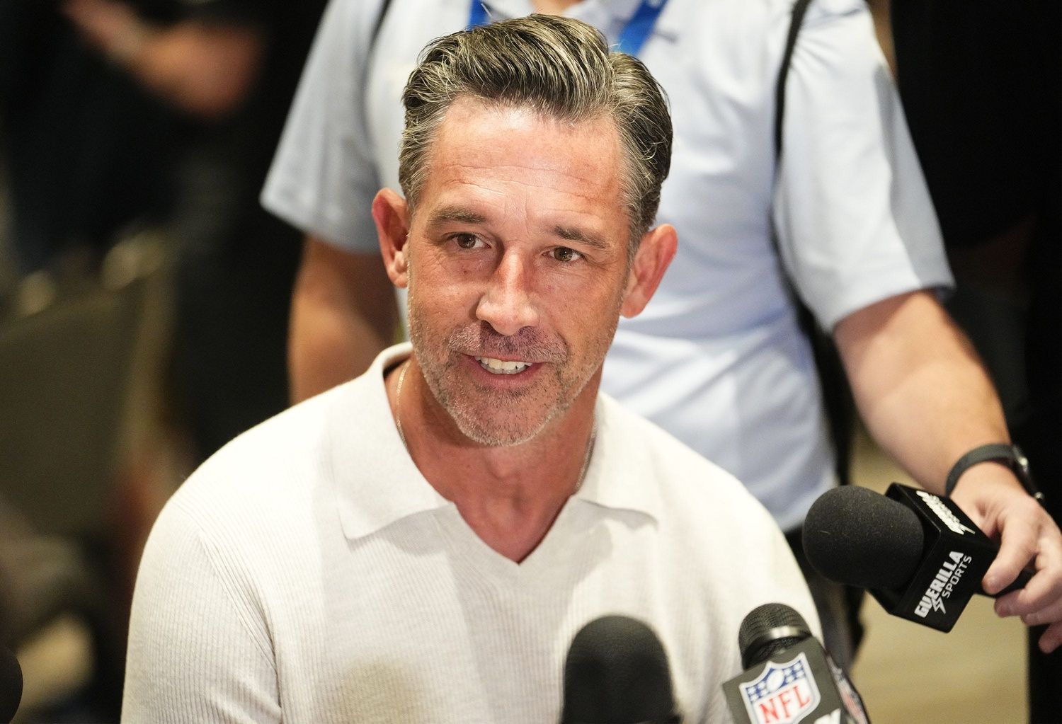 San Francisco head coach Kyle Shanahan talks to the media during the NFL League Meetings on March 30, 2026, at Arizona Biltmore Resort in Phoenix.
