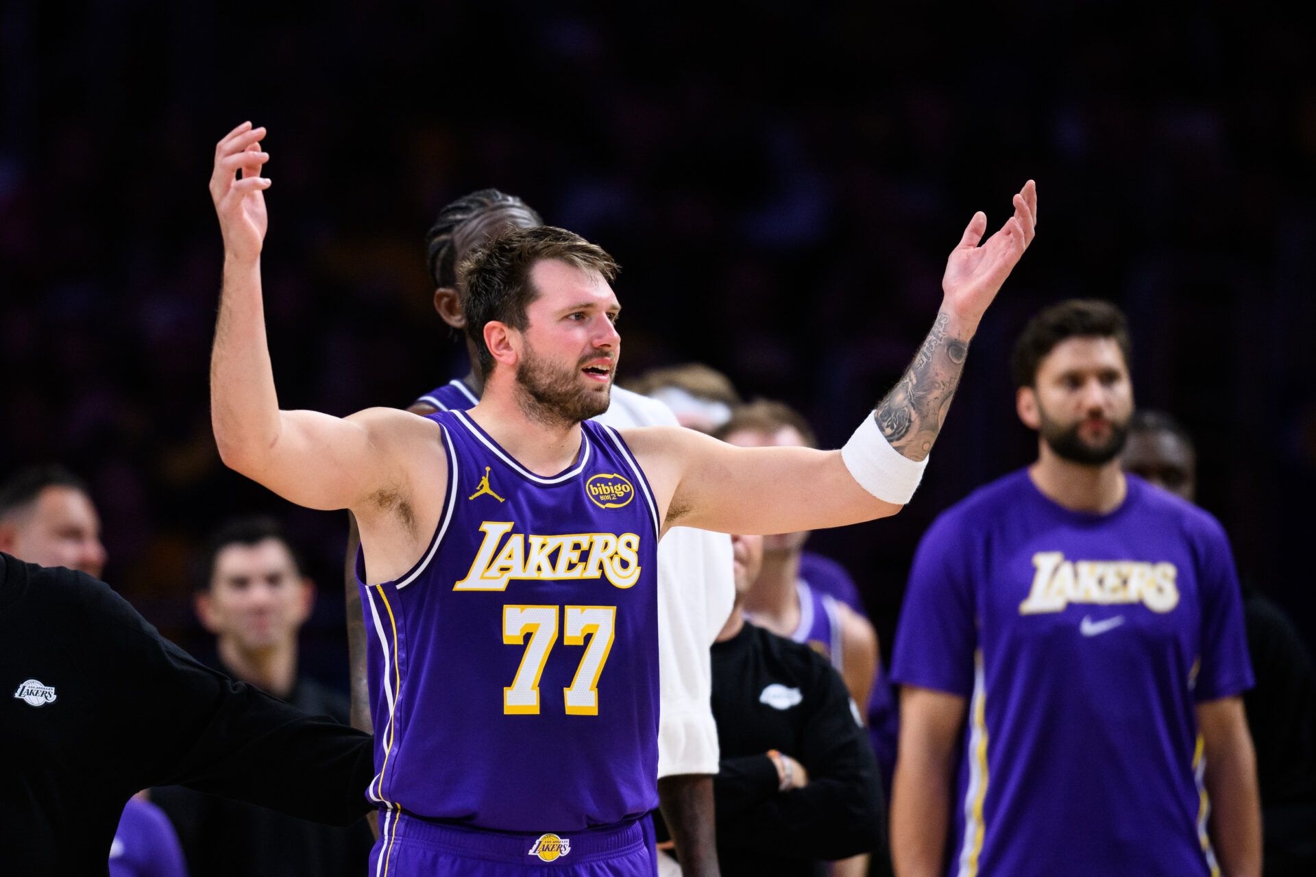 Los Angeles Lakers guard Luka Doncic (77) reacts during the second half against the Brooklyn Nets at Crypto.com Arena.