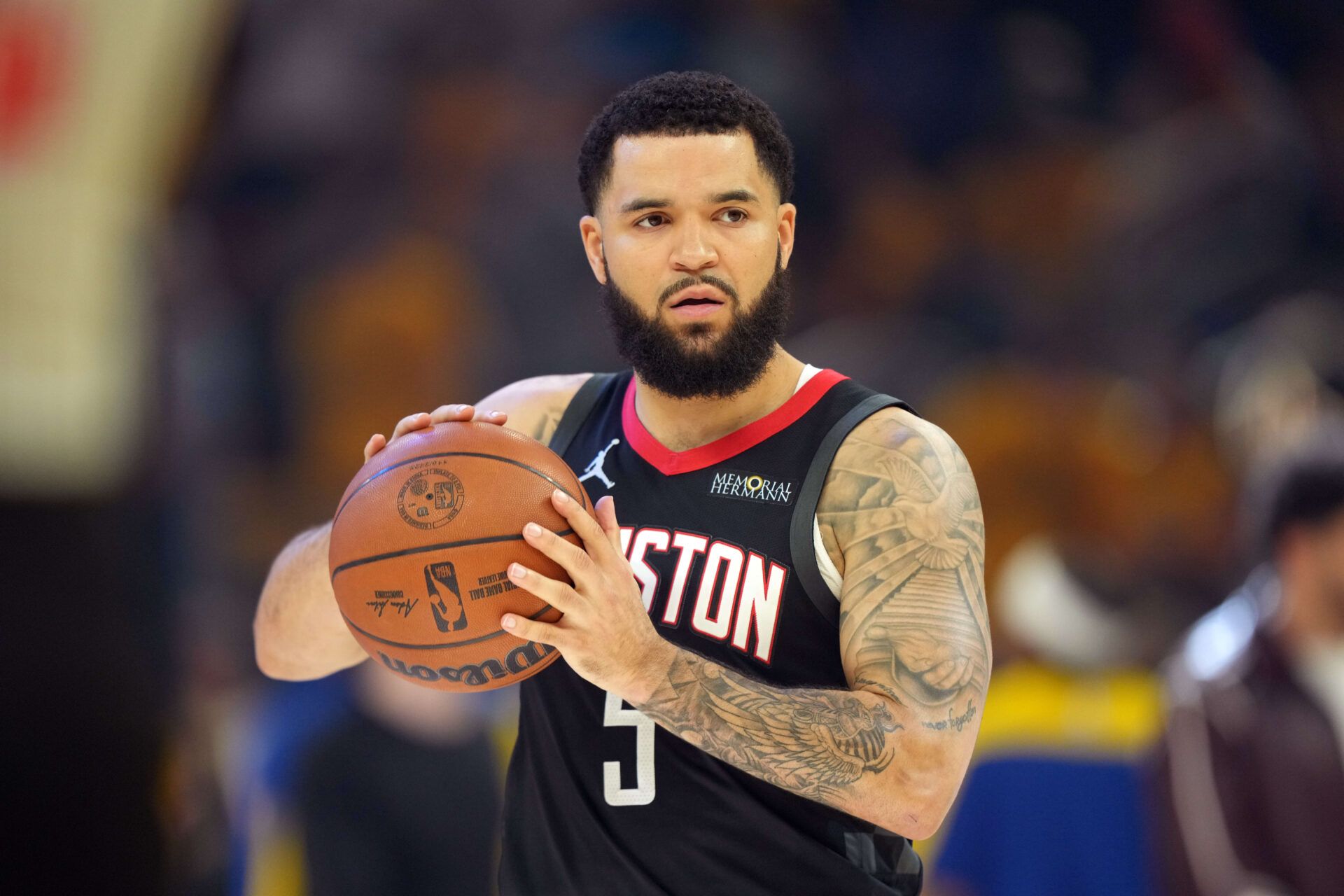 Houston Rockets guard Fred VanVleet (5) before game three of first round for the 2024 NBA Playoffs against the Golden State Warriors at Chase Center.