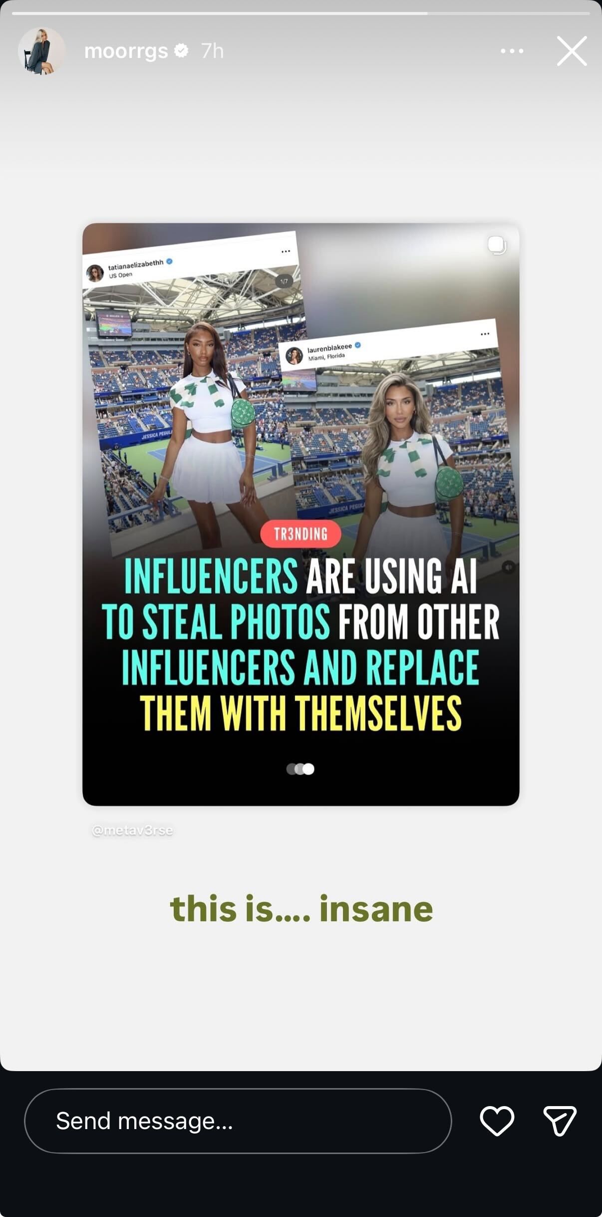 Screen grab of Taylor Fritz's girlfriend Morgan Riddle's Instagram story