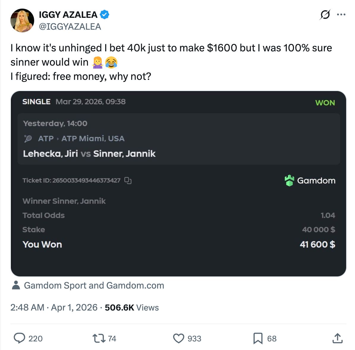 Iggy Azalea's X Post About Her Bet on Jannik Sinner