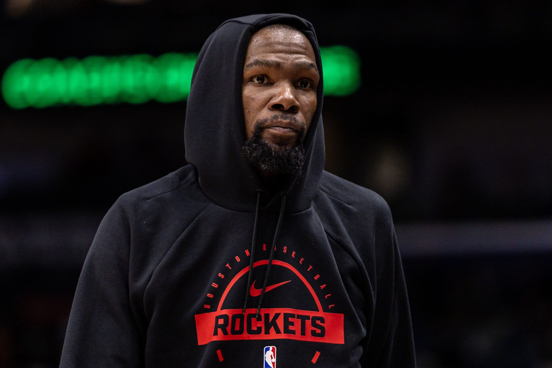 Houston Rockets forward Kevin Durant (7) looks on from the bench against the New Orleans Pelicans during the second half at Smoothie King Center.