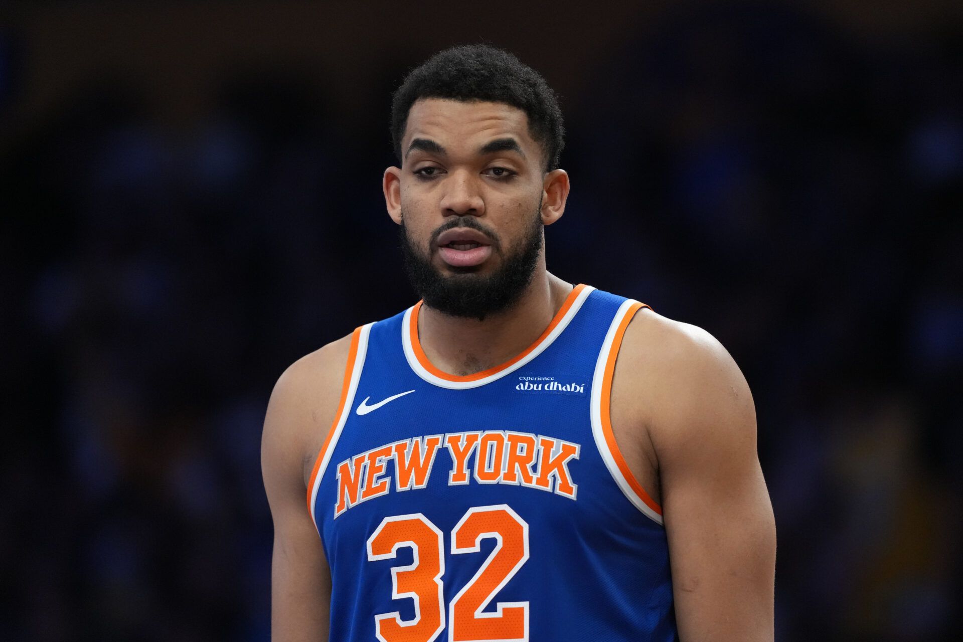 New York Knicks center Karl-Anthony Towns (32) reacts against the Los Angeles Lakers in the second half at Crypto.com Arena.