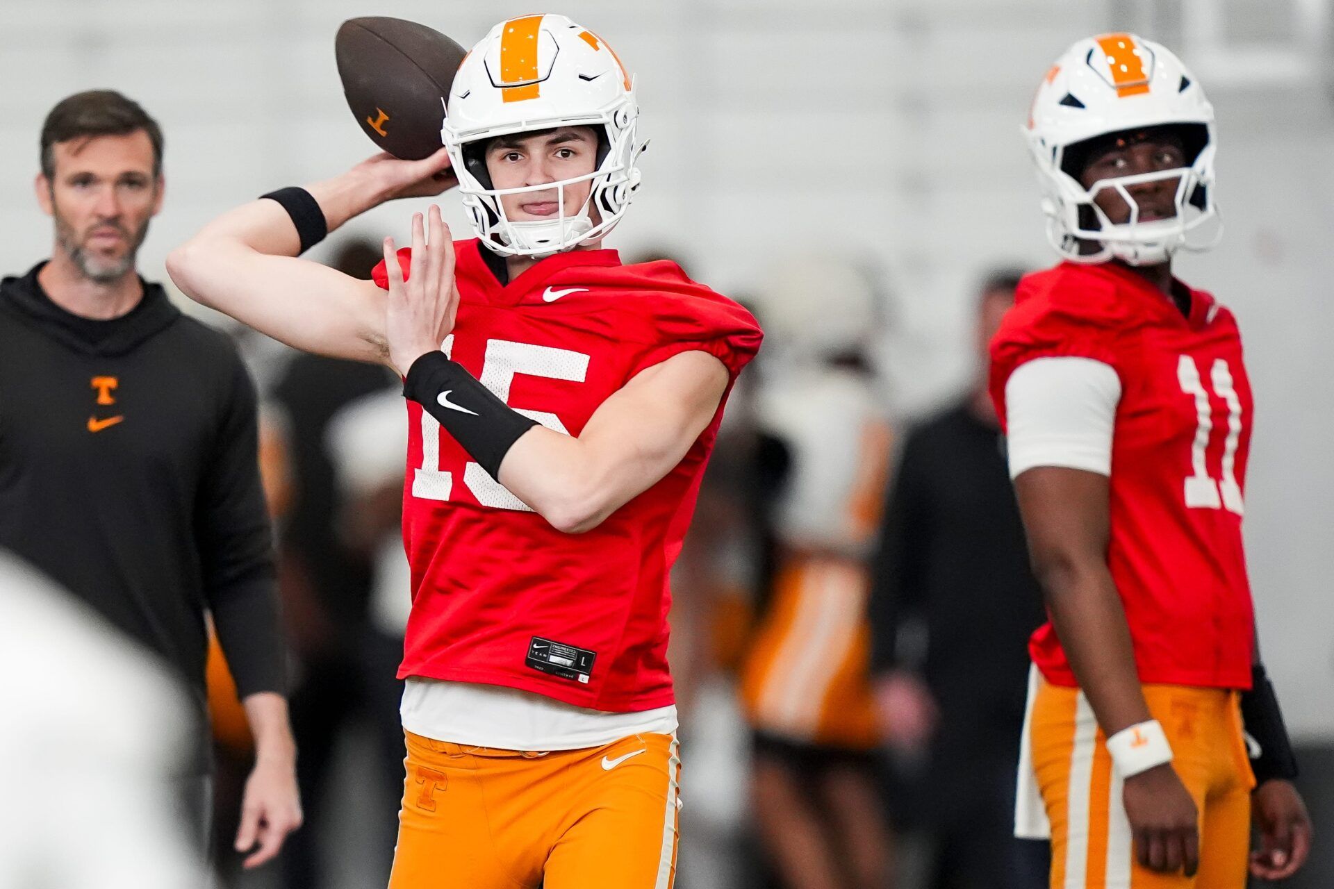 Tennessee quarterback George MacIntyre (15) during the Vols' spring football practice in Knoxville on March 17, 2026.