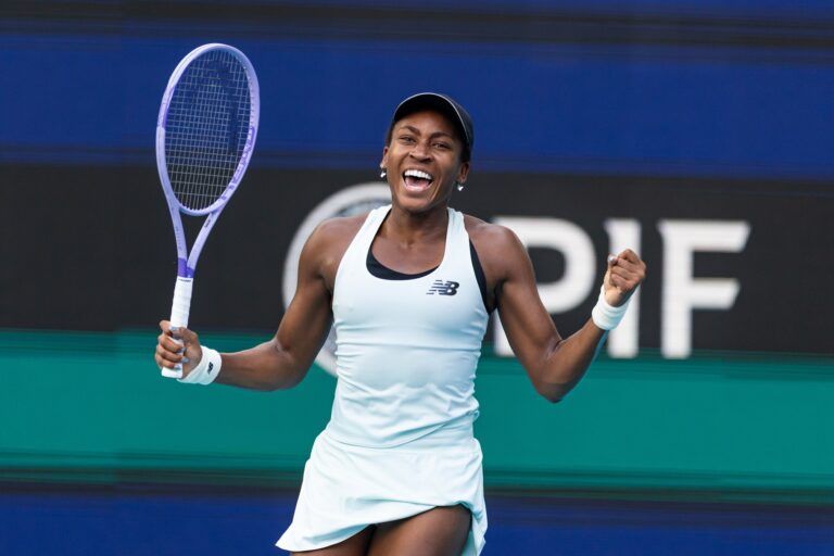Coco Gauff of the United States reacts after a point against Karolina Muchova of the Czech Republic in the semi-finals of the women’s singles at the Miami Open at the Hard Rock Stadium.