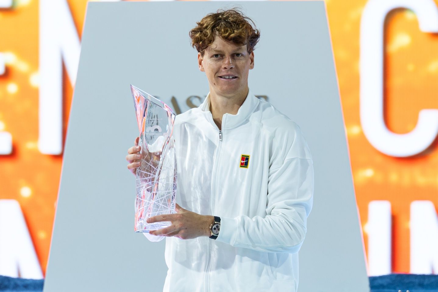 Jannik Sinner of Italy poses with the Butch Buchholz Championship Trophy after defeating Jiri Lehecka of the Czech Republic in the final of the men’s singles at the Miami Open at the Hard Rock Stadium.