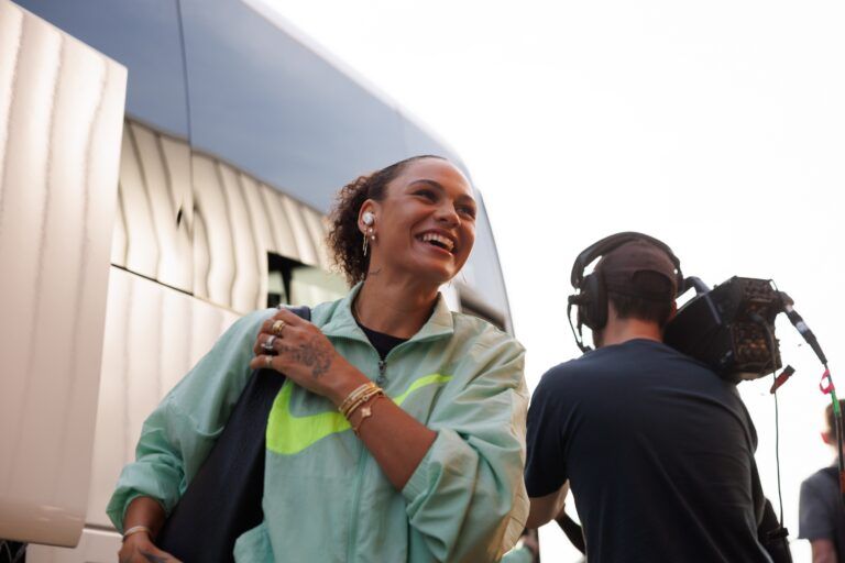 Washington Spirit forward Trinity Rodman (2) arrives at the stadium before the game against Racing Louisville FC at Lynn Family Stadium.