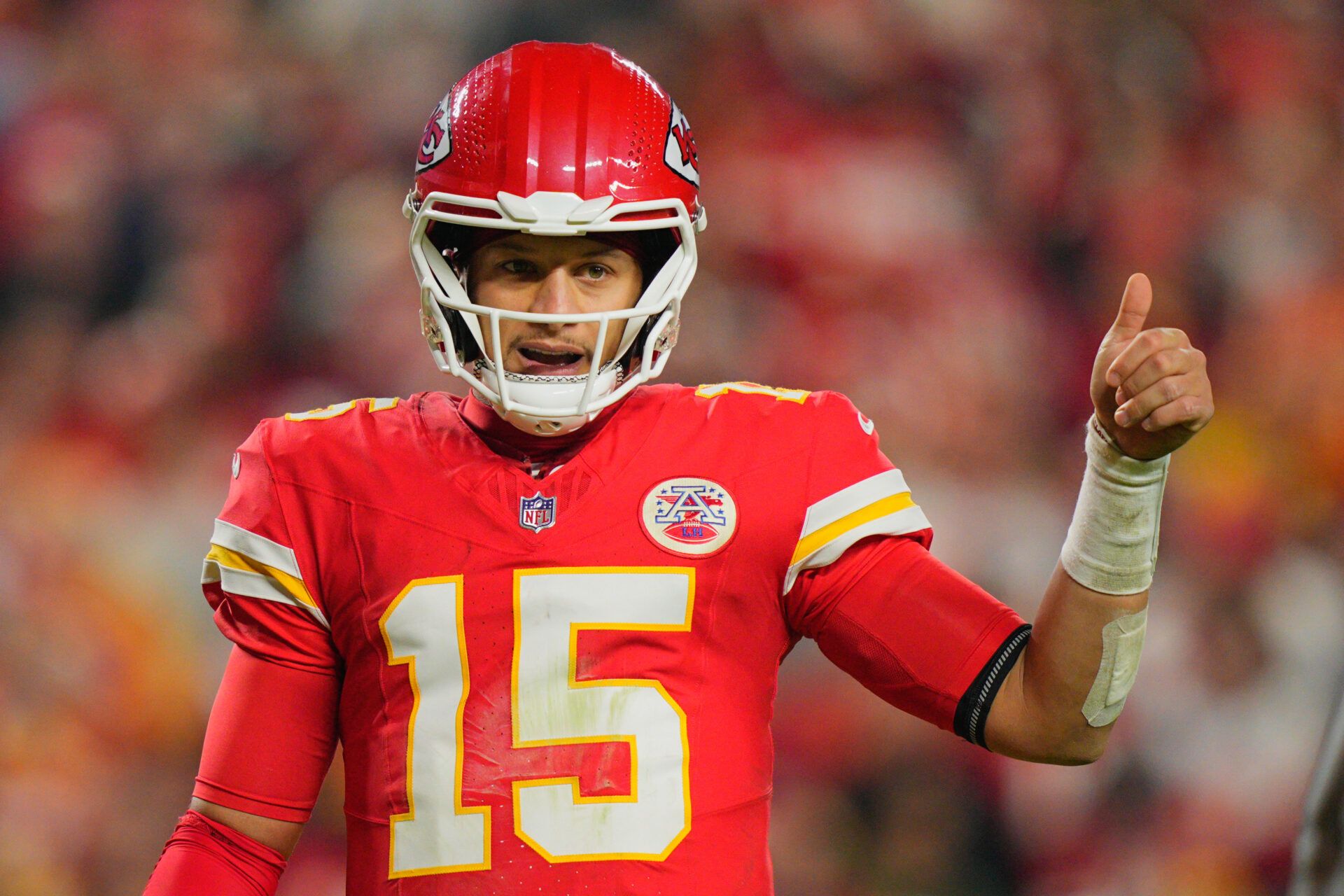 Kansas City Chiefs quarterback Patrick Mahomes (15) reacts during the third quarter of the game against the Washington Commanders at GEHA Field at Arrowhead Stadium.
