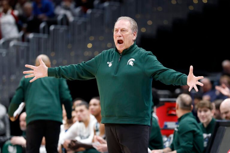 Michigan State Spartans head coach Tom Izzo reacts in the first half during a Sweet Sixteen game of the East Regional of the men's 2026 NCAA Tournament at Capital One Arena.