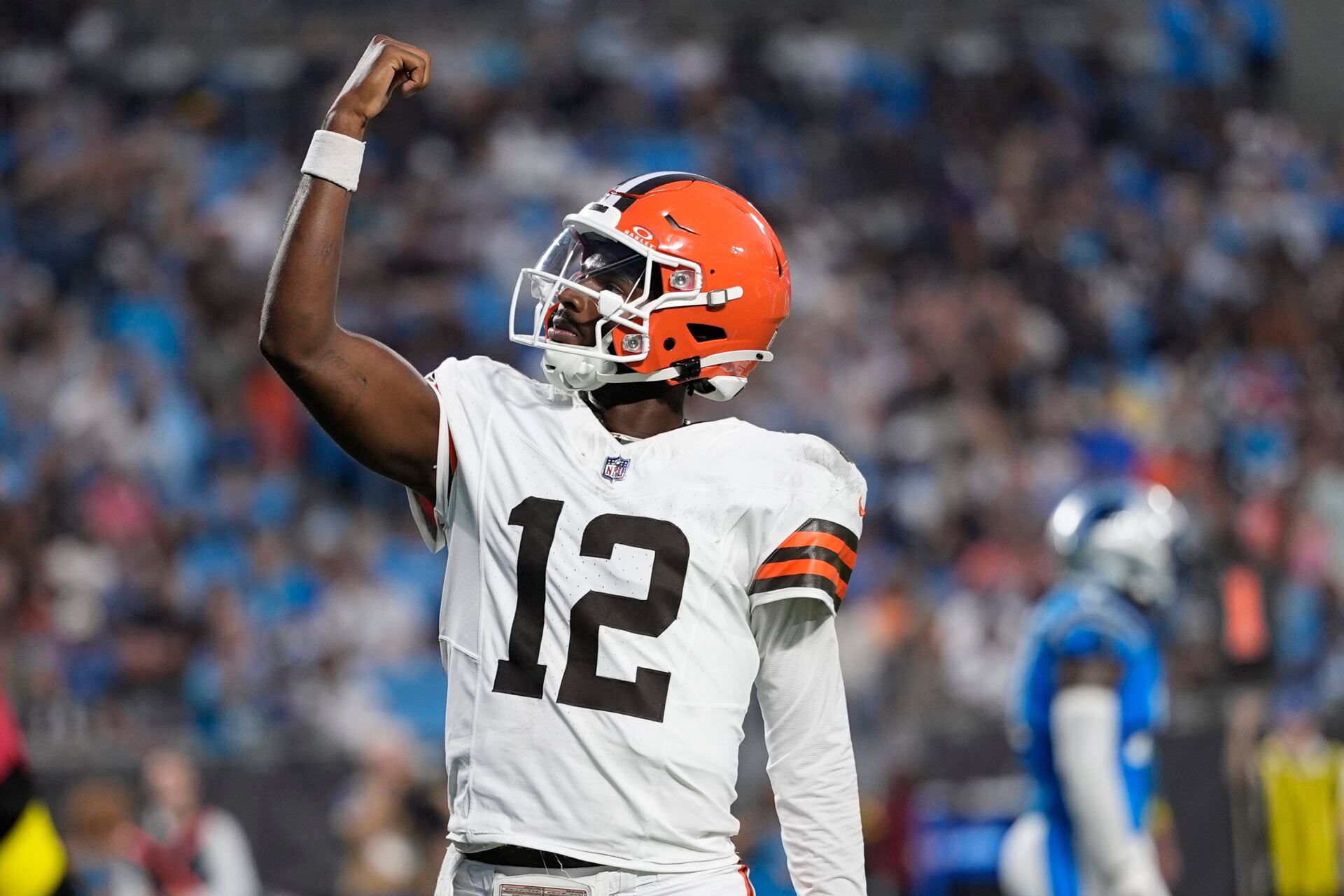 Cleveland Browns quarterback Shedeur Sanders (12) celebrates his touchdown pass against the Carolina Panthers during the second quarter at Bank of America Stadium.