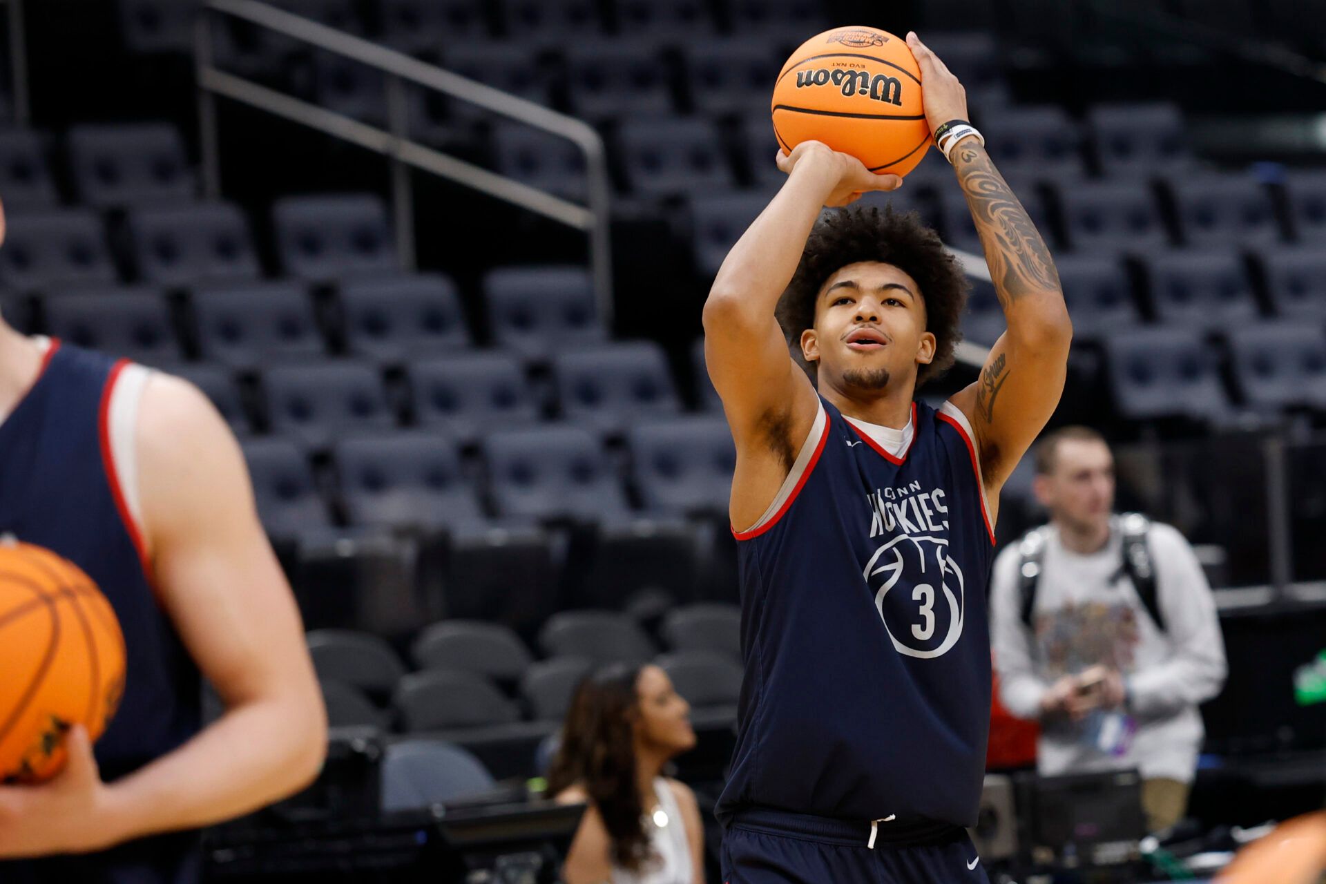 UConn Huskies forward Jaylin Stewart (3) shoots during a practice session ahead of the east regional of the men's 2026 NCAA Tournament at Capital One Arena.
