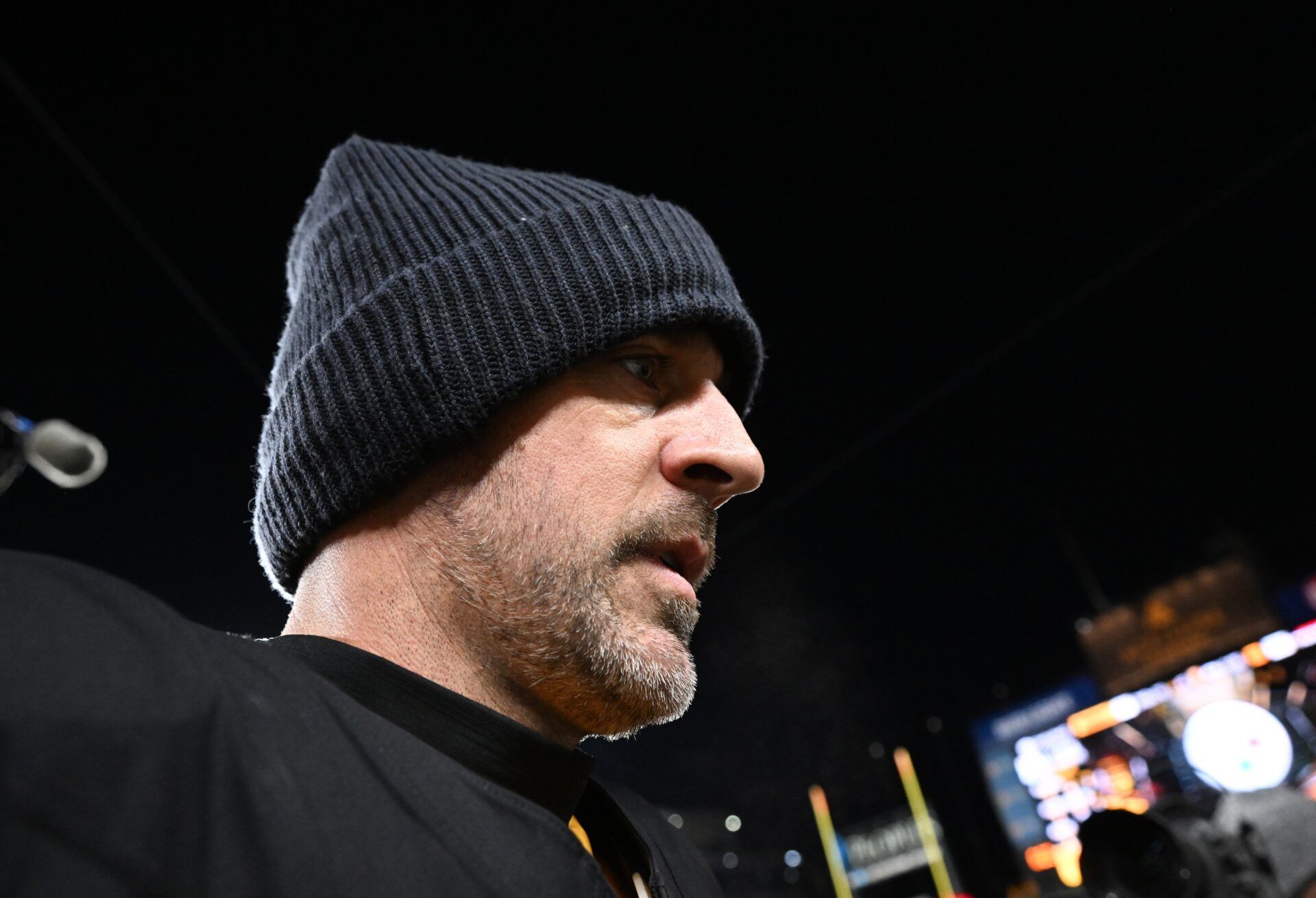 Pittsburgh Steelers quarterback Aaron Rodgers (8) leaves the field following an AFC Wild Card Round loss to the Houston Texans at Acrisure Stadium.