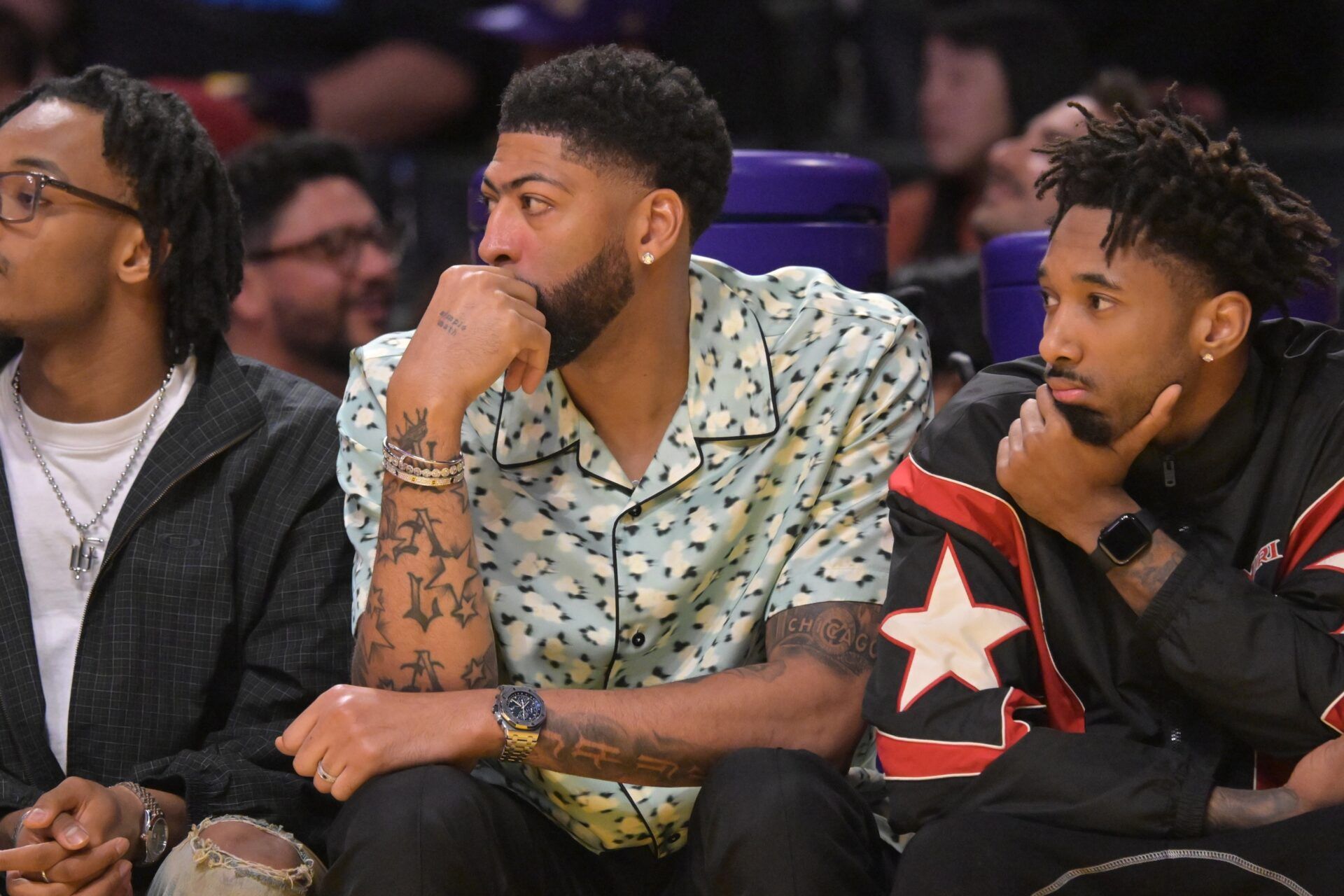 Washington Wizards forward Anthony Davis (23), center, looks on from the bench during the first half against the Los Angeles Lakers at Crypto.com Arena.