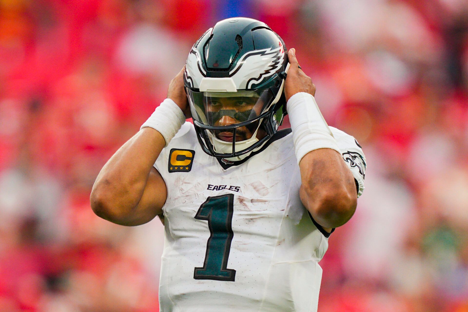 Philadelphia Eagles quarterback Jalen Hurts (1) reacts during the second half against the Kansas City Chiefs at GEHA Field at Arrowhead Stadium.