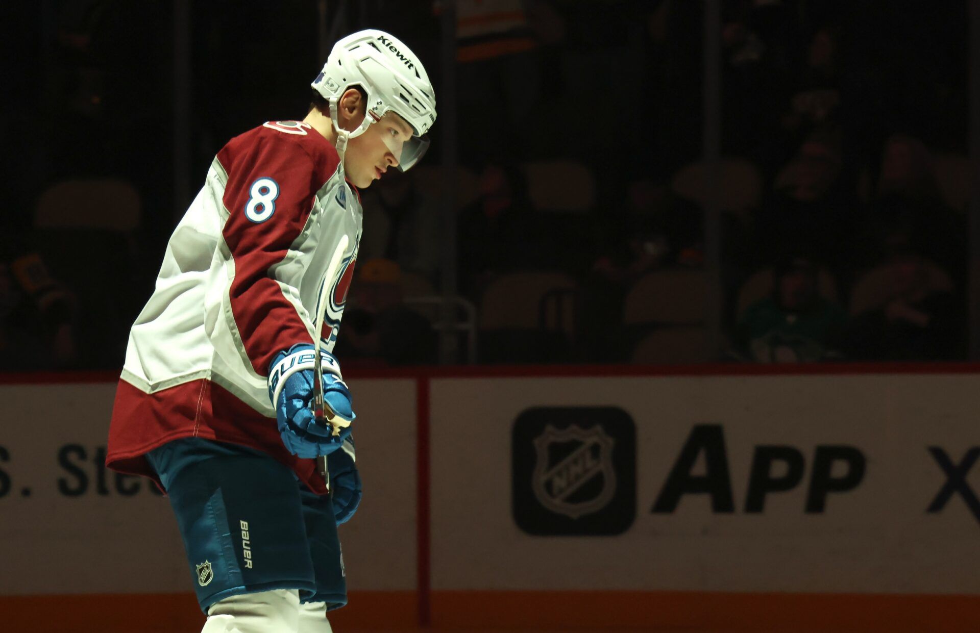 Colorado Avalanche defenseman Cale Makar (8) takes the ice against the Pittsburgh Penguins during the first period at PPG Paints Arena.