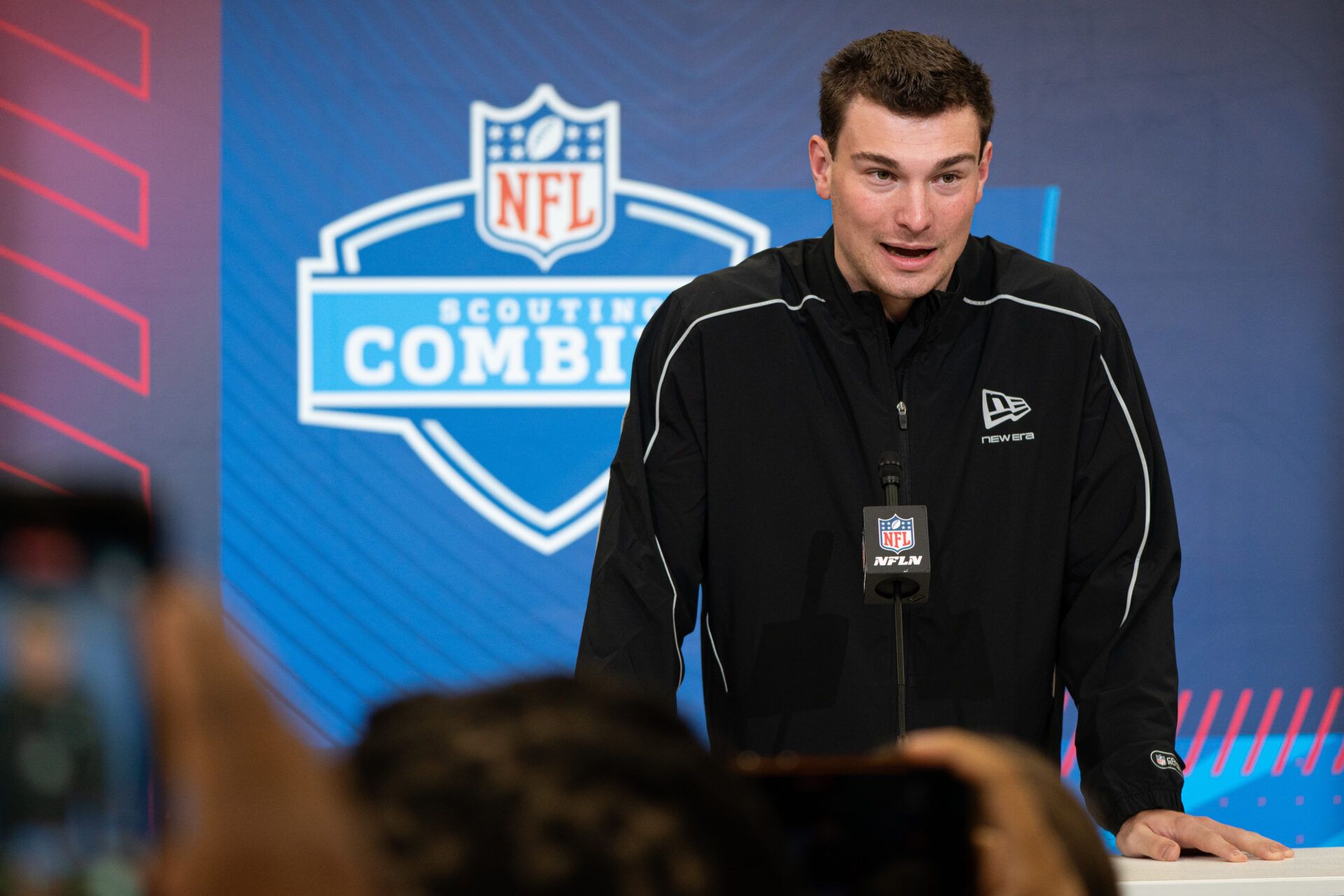 Indiana quarterback Fernando Mendoza (QB11) speaks to members of the media during the NFL Combine at the Indiana Convention Center.