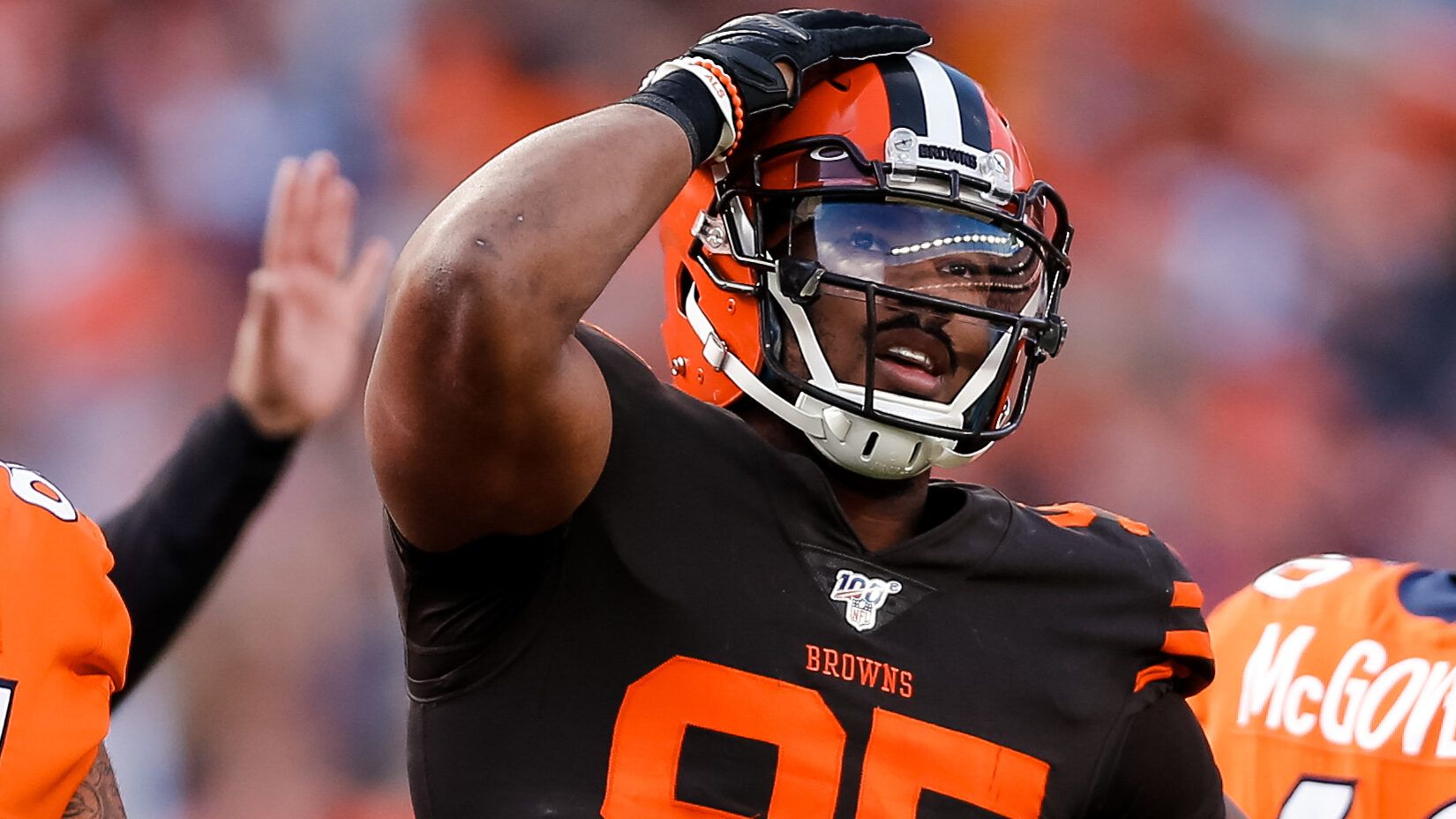 Cleveland Browns defensive end Myles Garrett (95) reacts after a play in the second quarter against the Denver Broncos at Empower Field at Mile High.