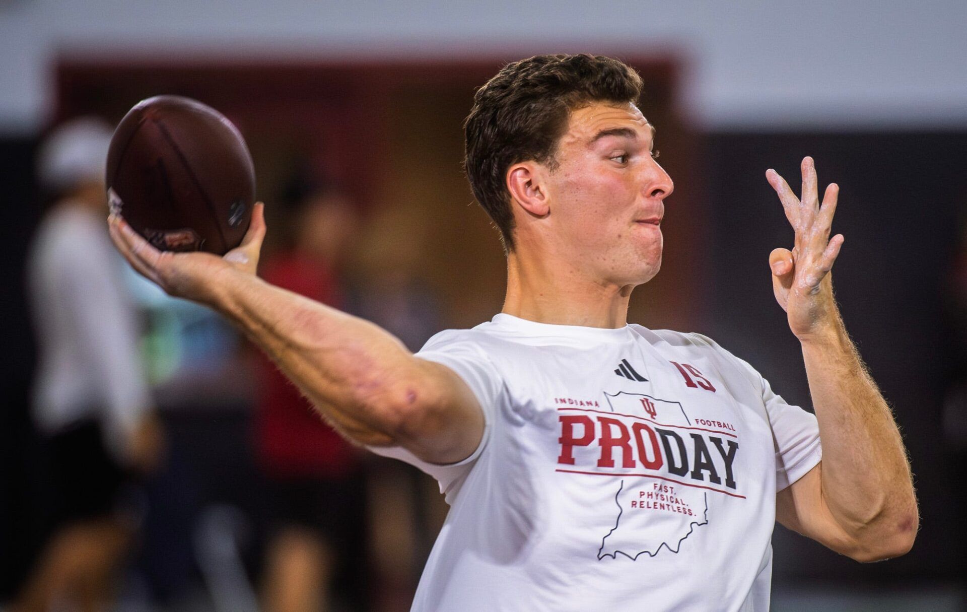 Fernando Mendoza participates in Indiana University's Pro Day at Mellencamp Pavilion on Wednesday, April 1, 2026.